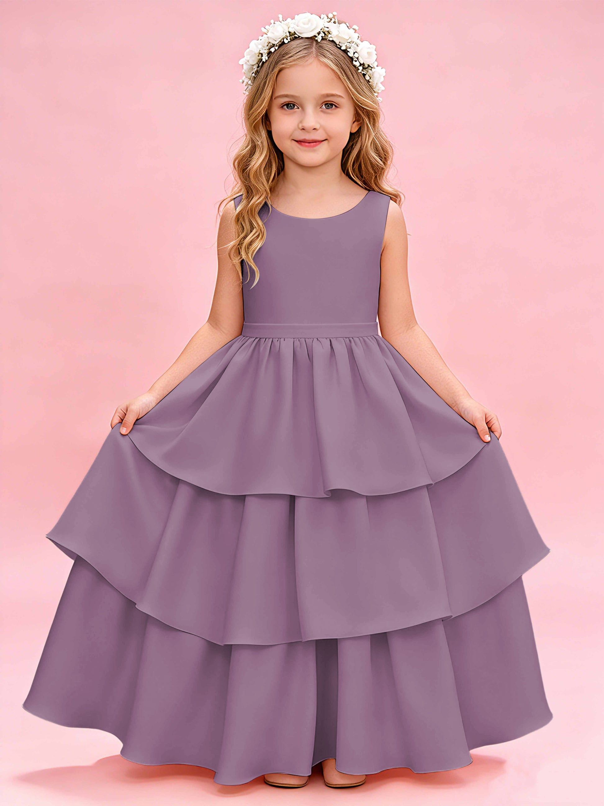 Tiered Flower Girl Dress with Bow Princess Girls Pageant Gowns
