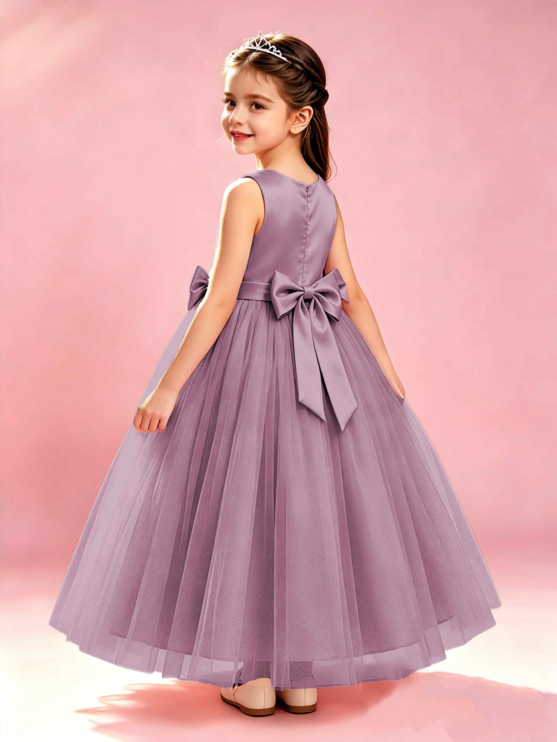 Satin Tulle Flower Girl Dress with Bow Princess Girls Pageant Gowns