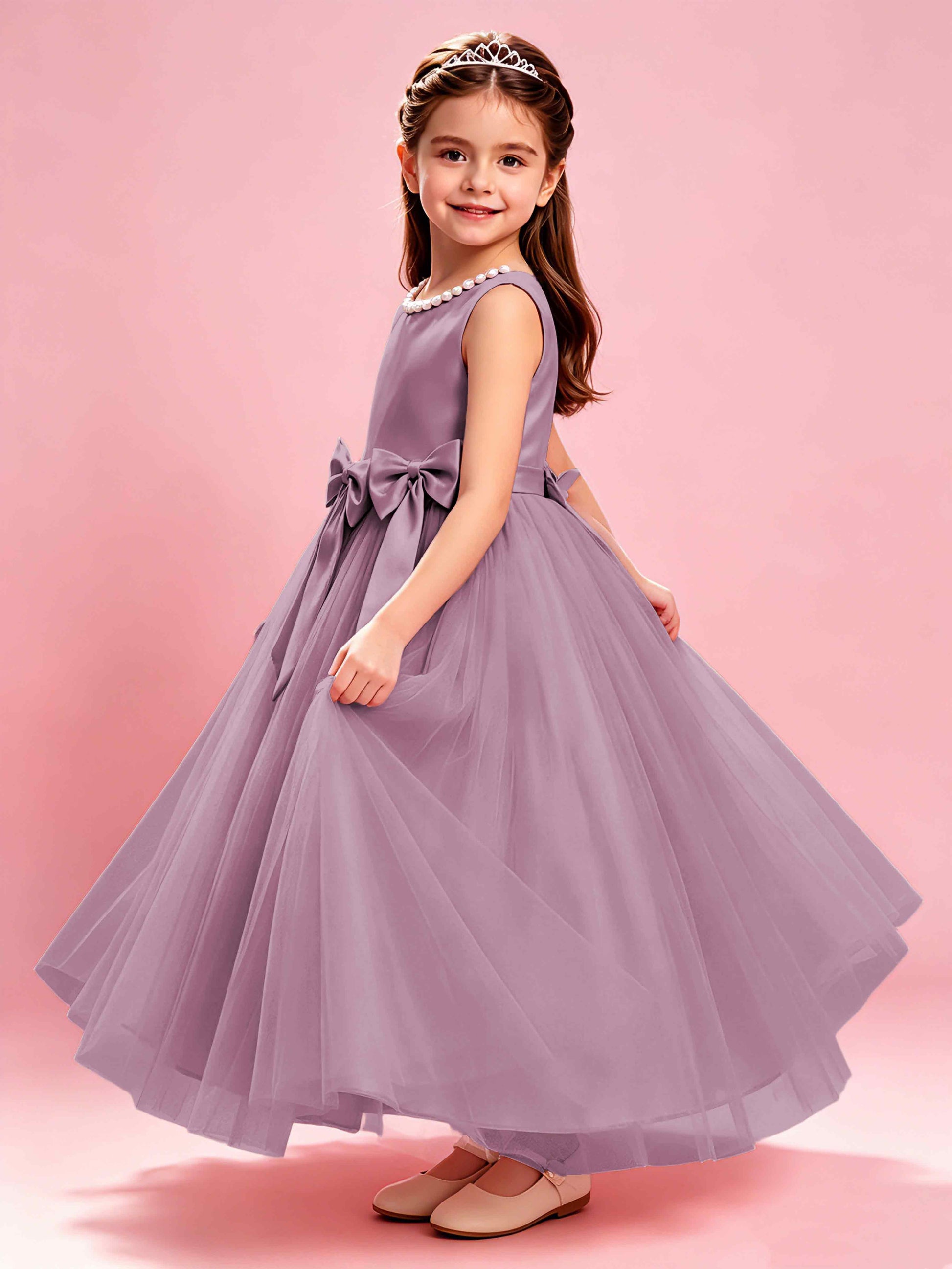 Satin Tulle Flower Girl Dress with Bow Princess Girls Pageant Gowns