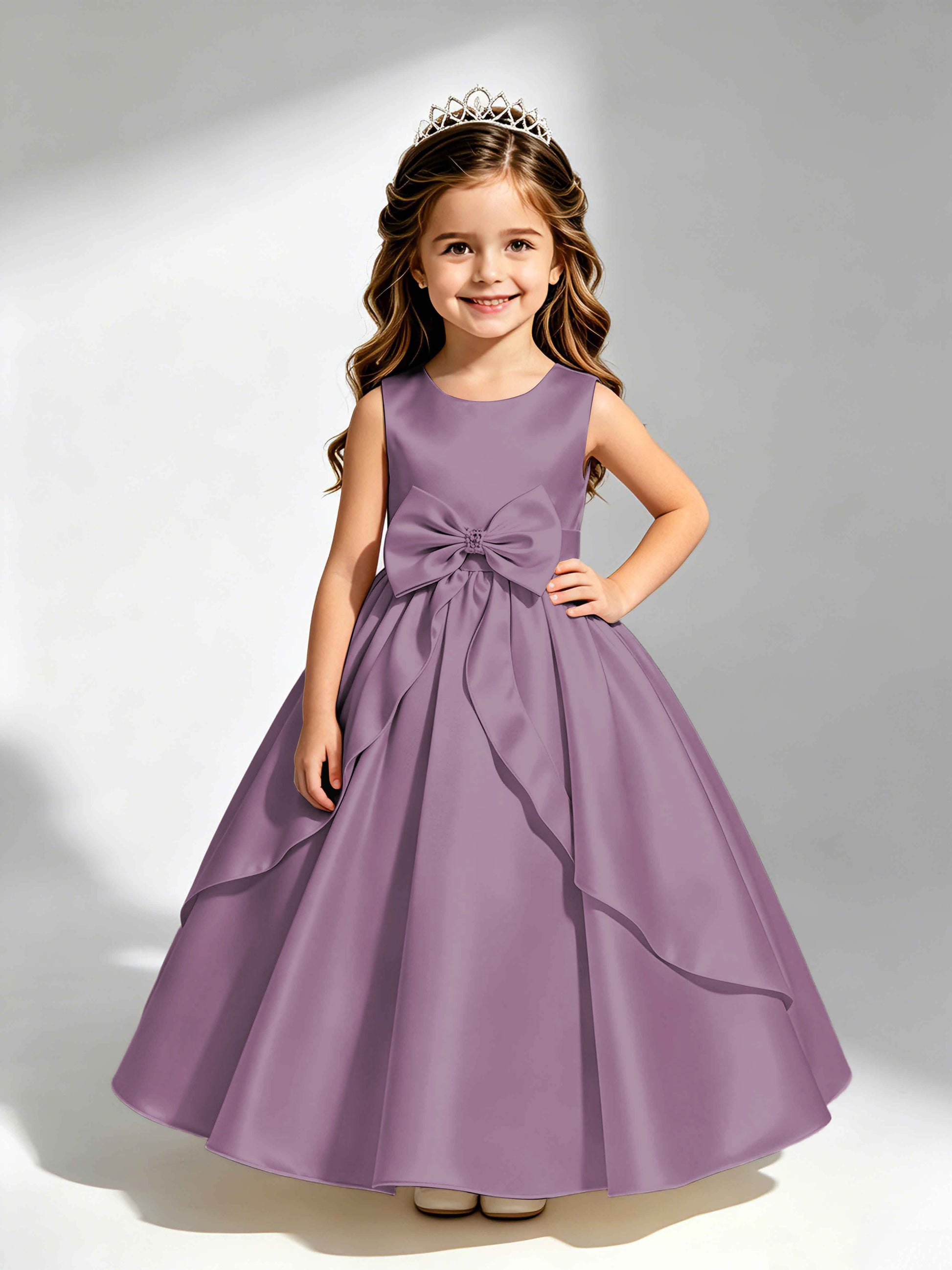 Satin Flower Girl Dress with Bow Princess Girls Pageant Gowns