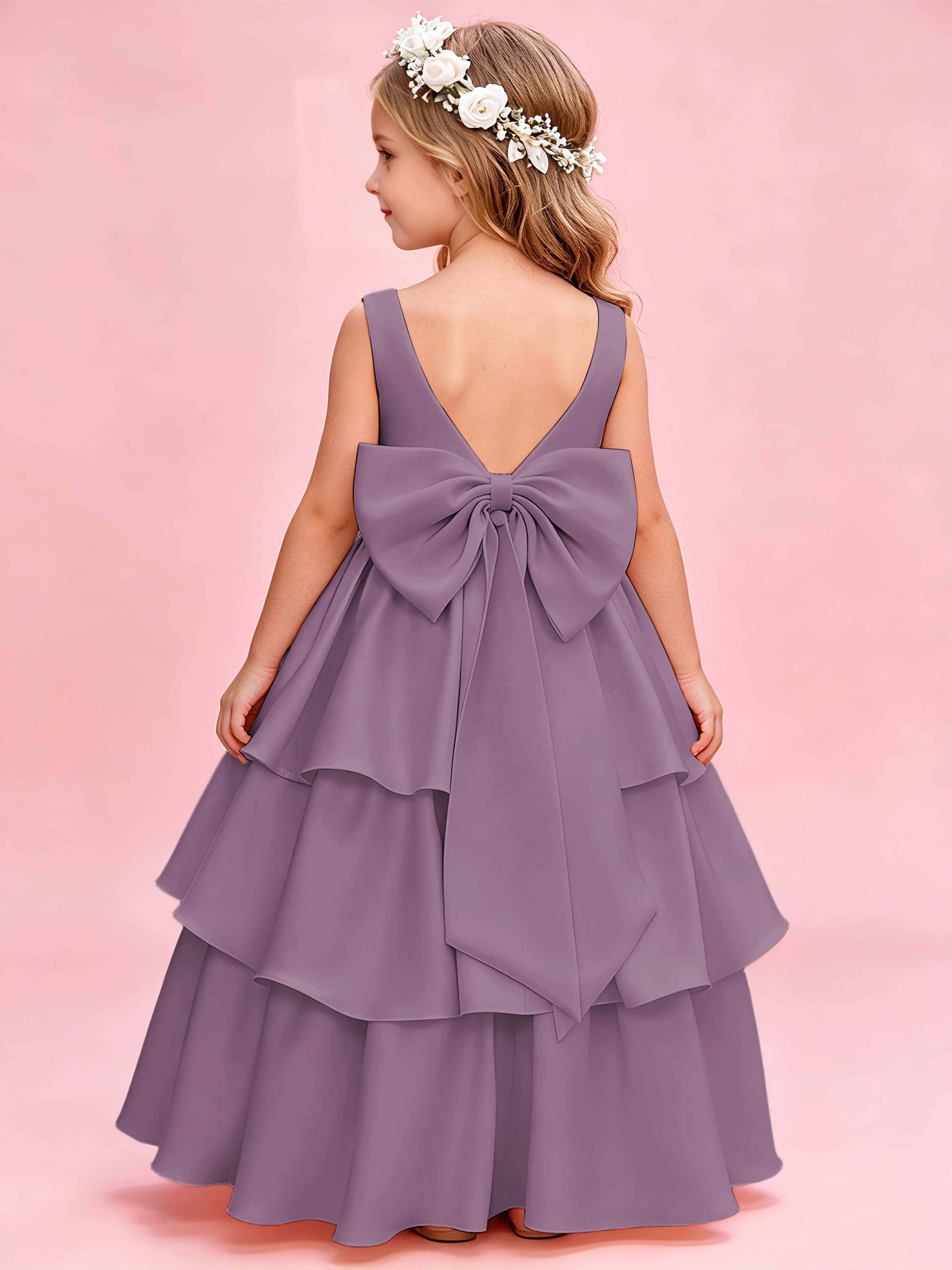 Tiered Flower Girl Dress with Bow Princess Girls Pageant Gowns
