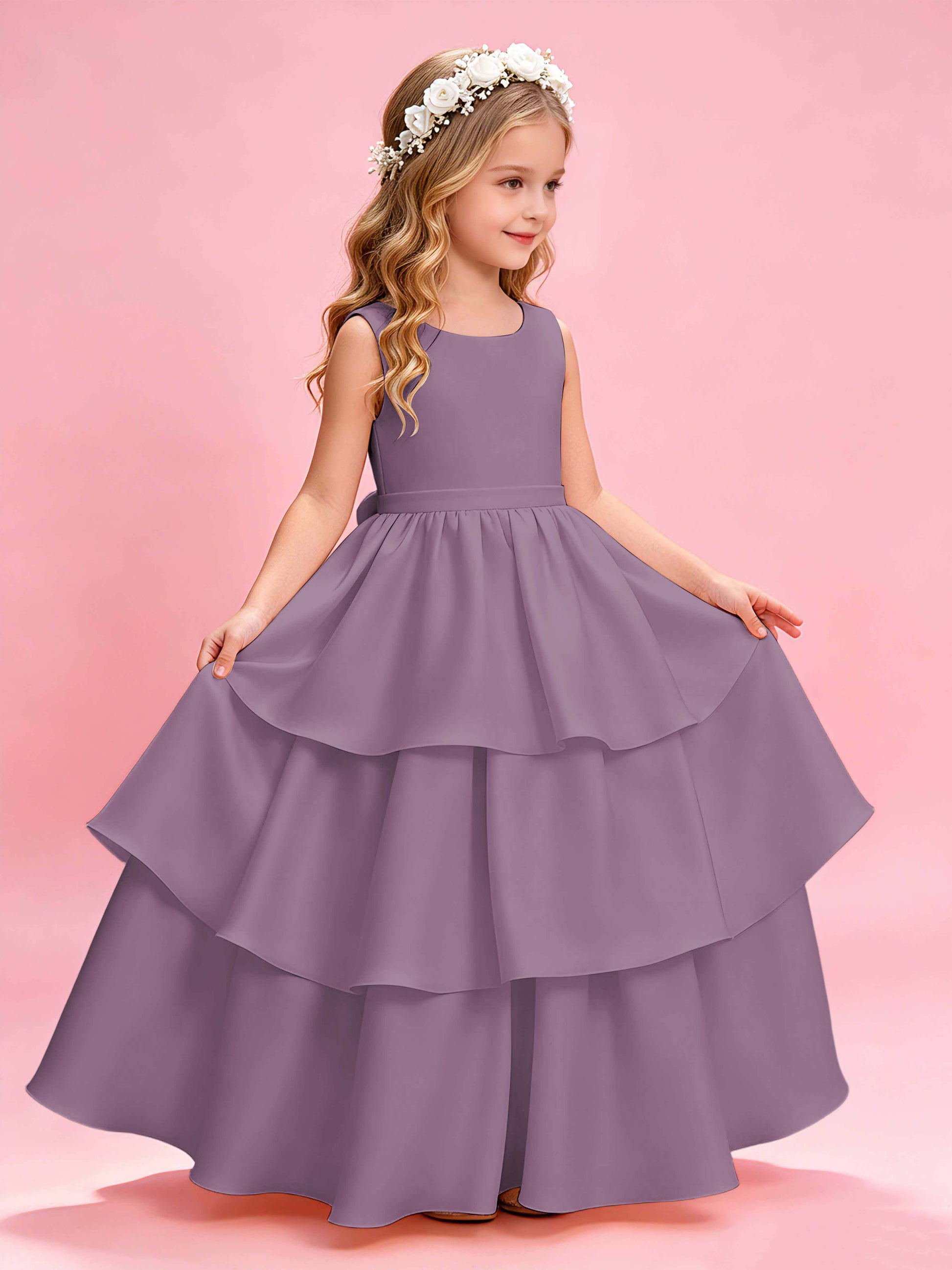 Tiered Flower Girl Dress with Bow Princess Girls Pageant Gowns