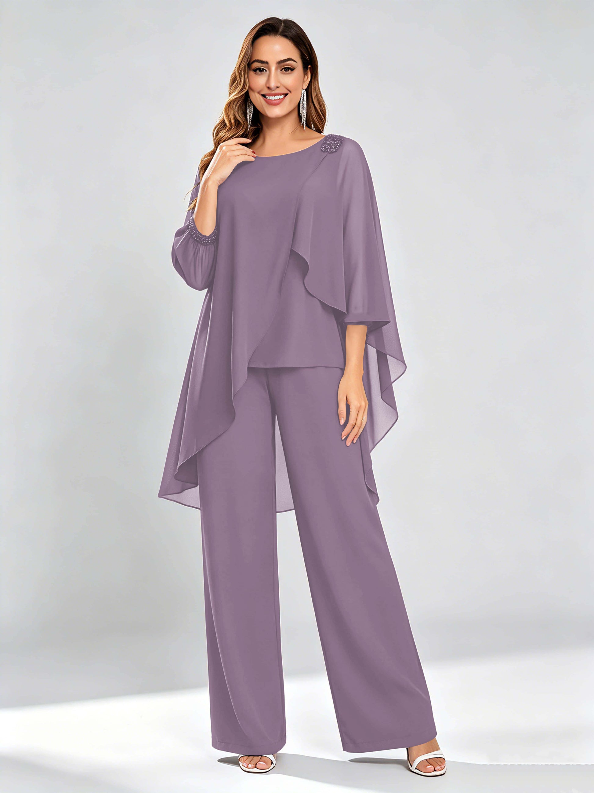 Asymmetric Chiffon 2 Pieces Mother of The Bride Pant Suits
