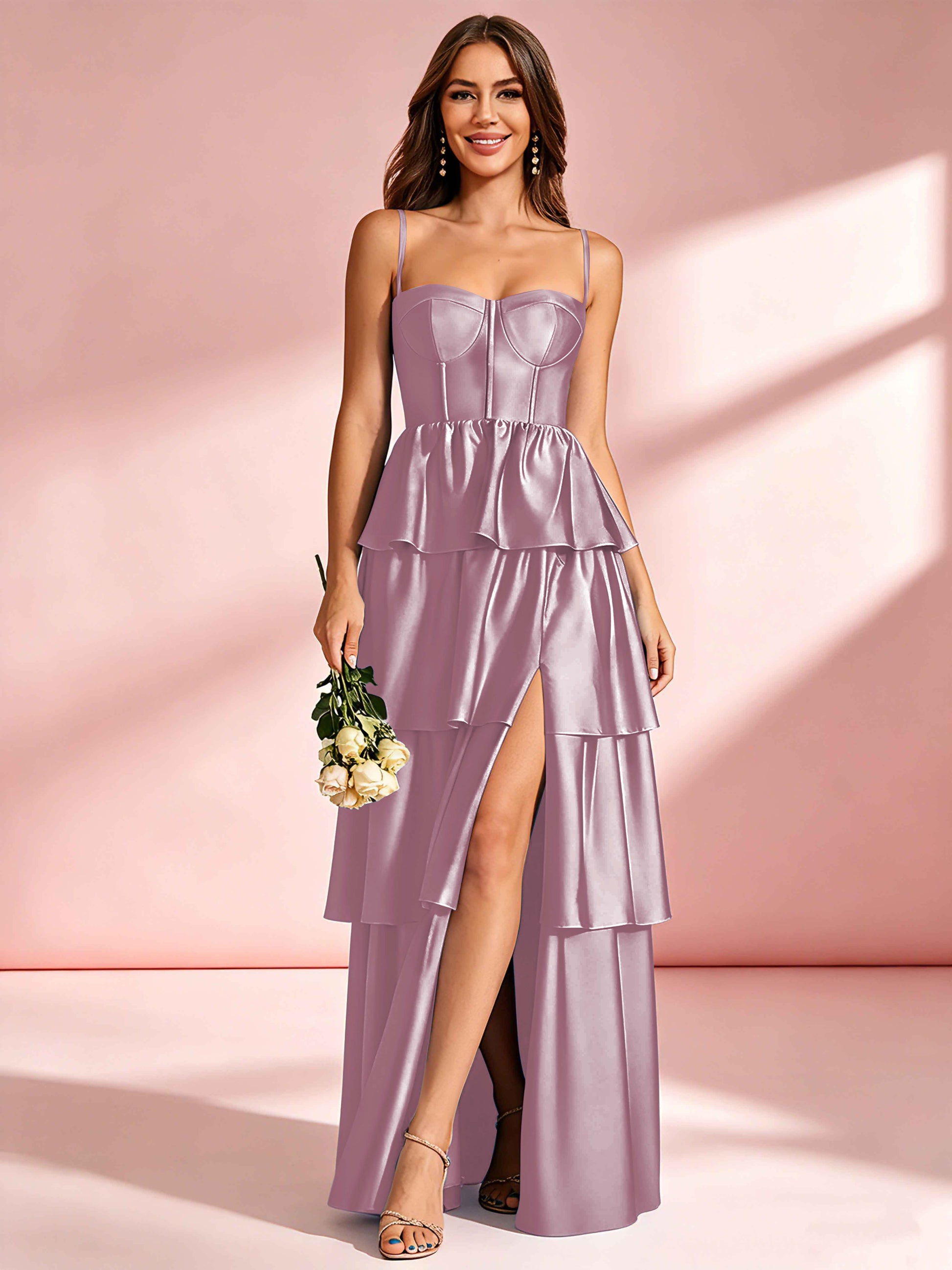 Satin Tiered Corset Bridesmaid Dresses Formal Evening Gown