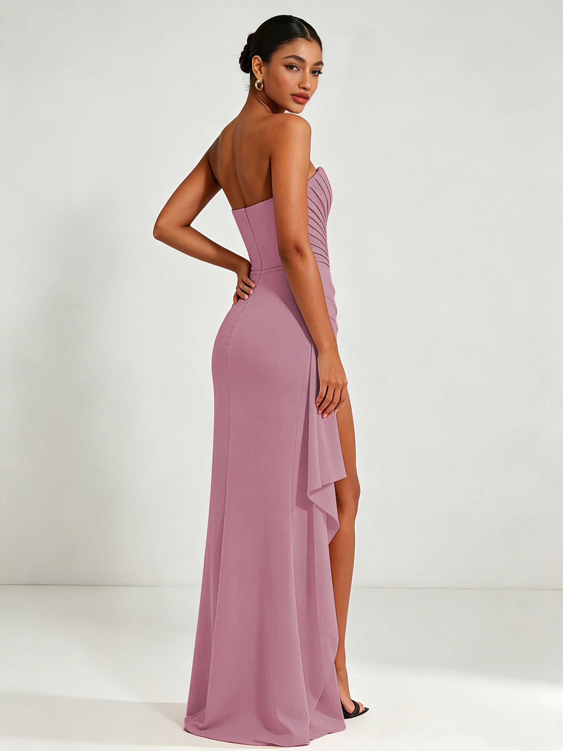 Strapless Ruched Bust Prom Dresses with Ruffle Slit