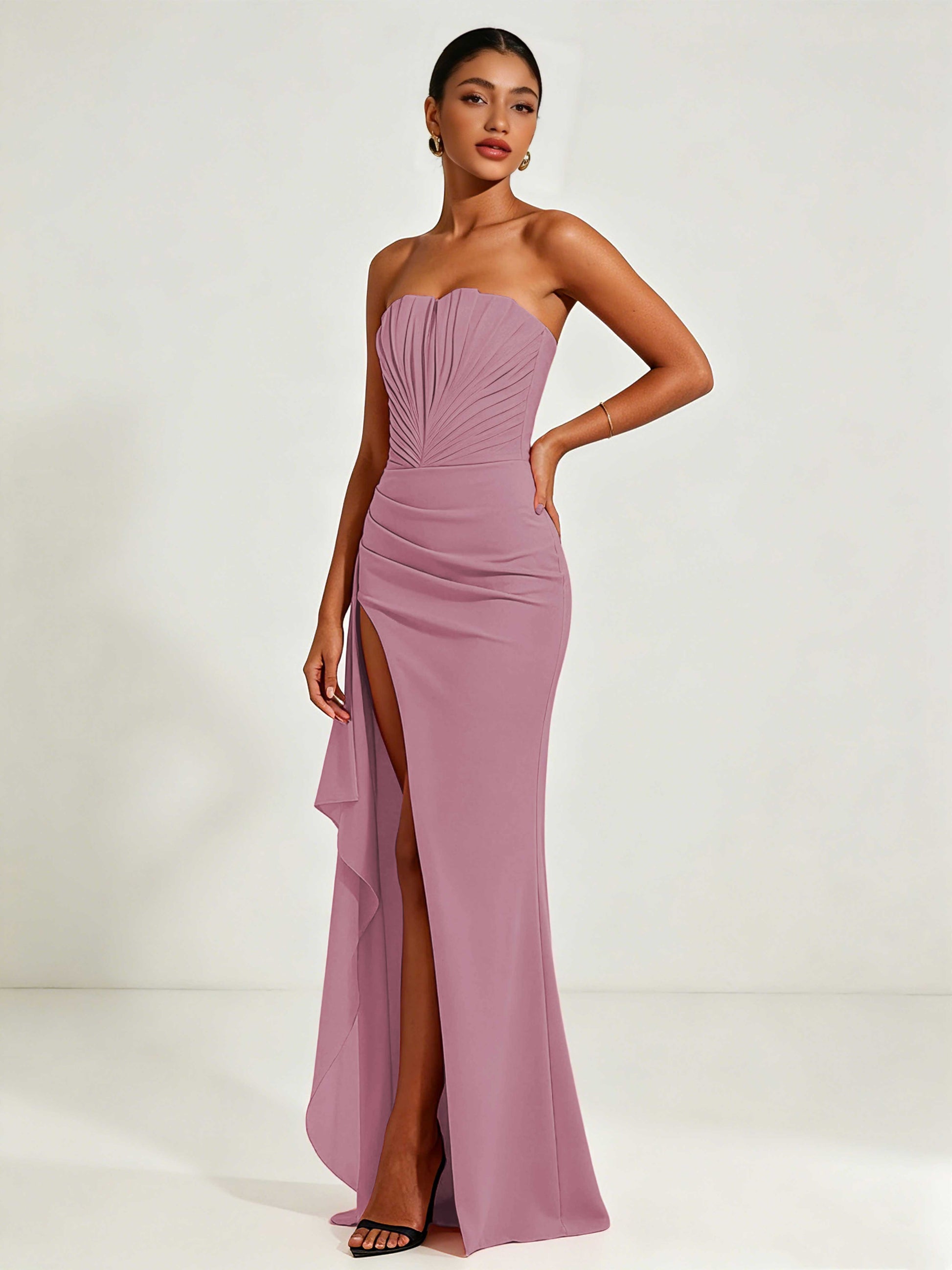 Strapless Ruched Bust Prom Dresses with Ruffle Slit