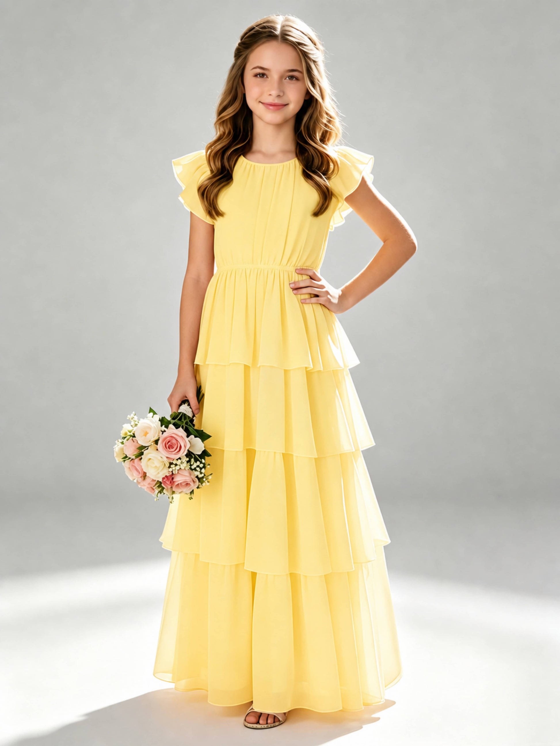 Chiffon Tiered Pleated Long Junior Bridesmaid Dresses