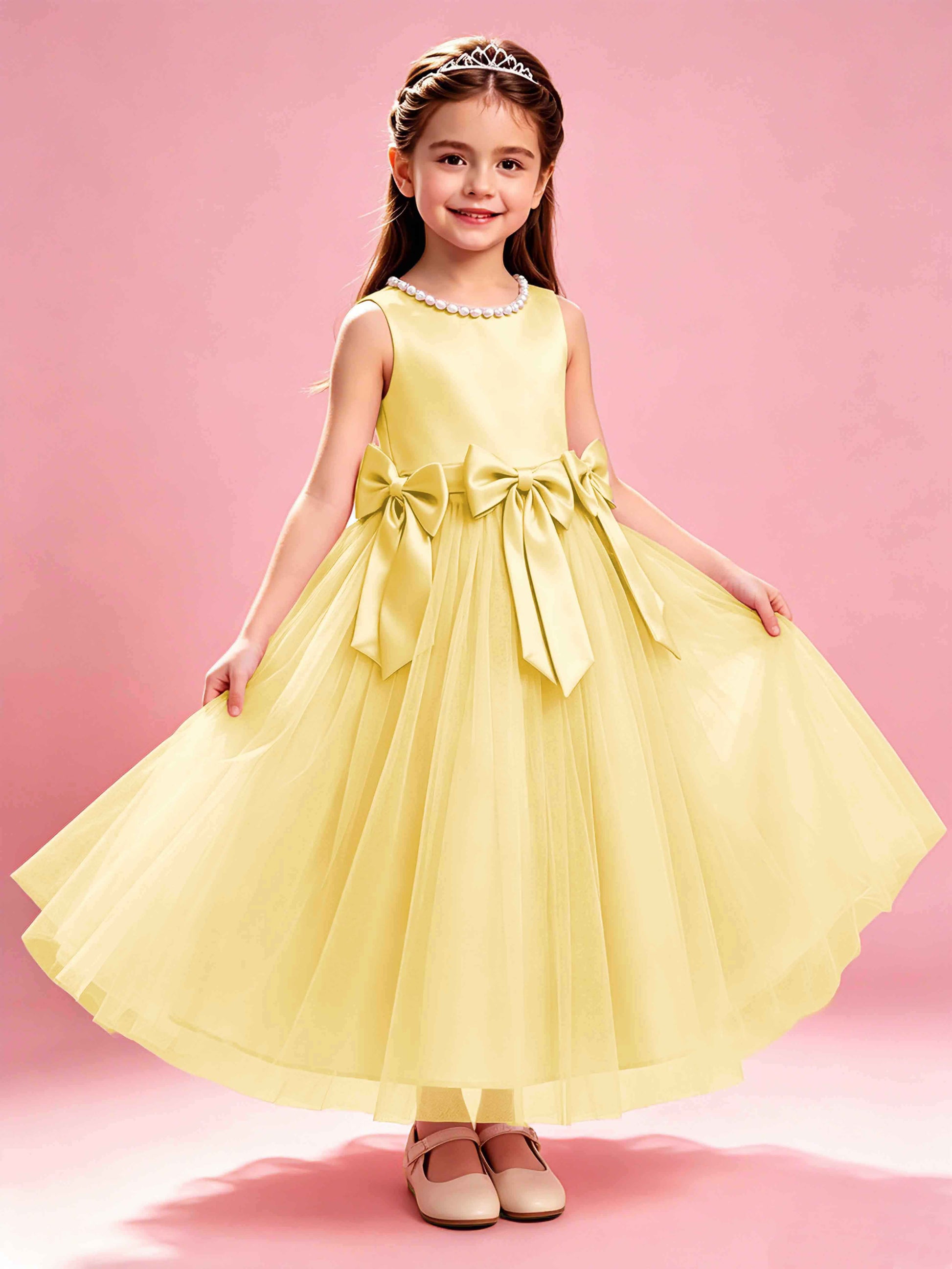 Satin Tulle Flower Girl Dress with Bow Princess Girls Pageant Gowns