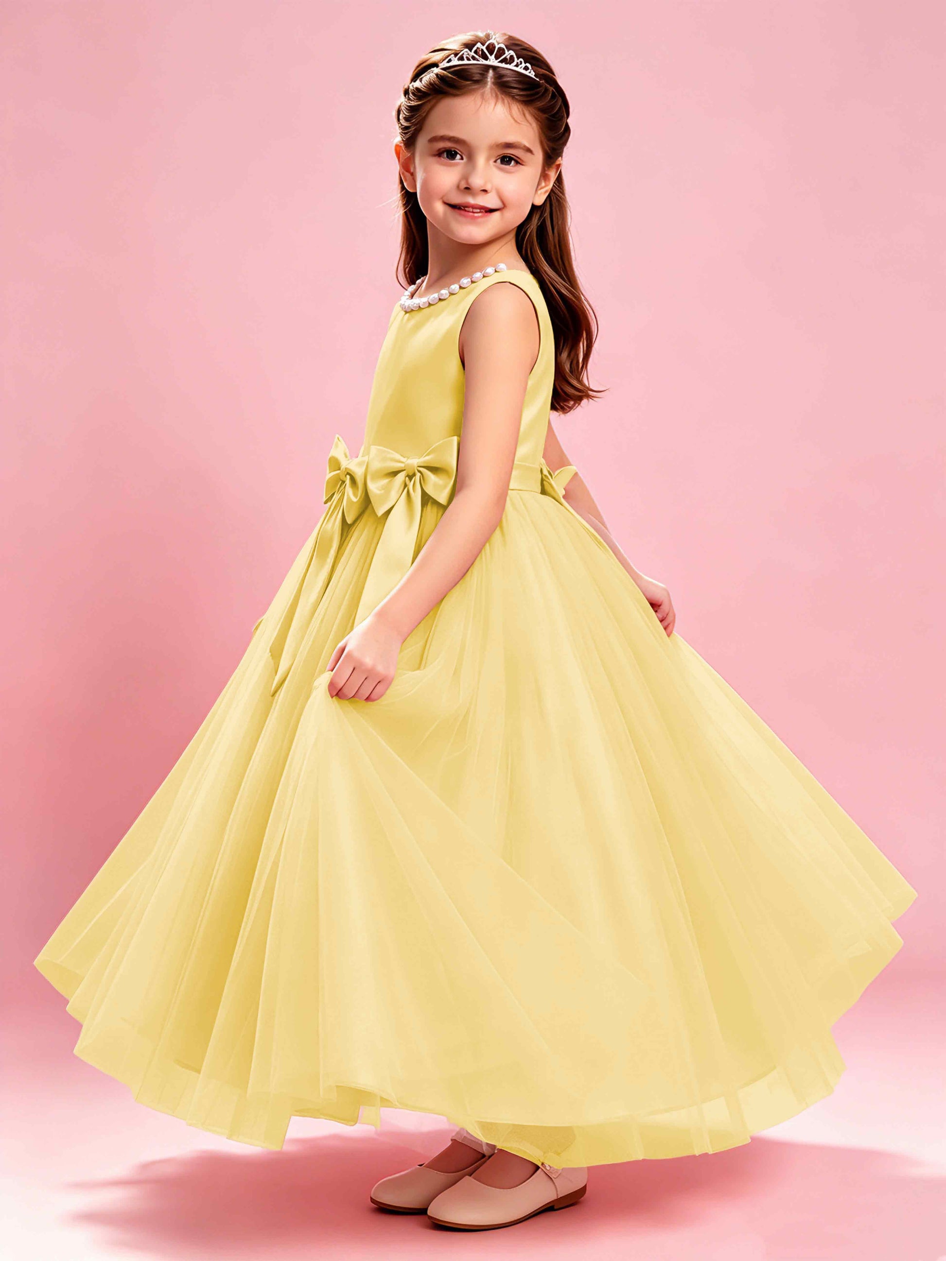 Satin Tulle Flower Girl Dress with Bow Princess Girls Pageant Gowns