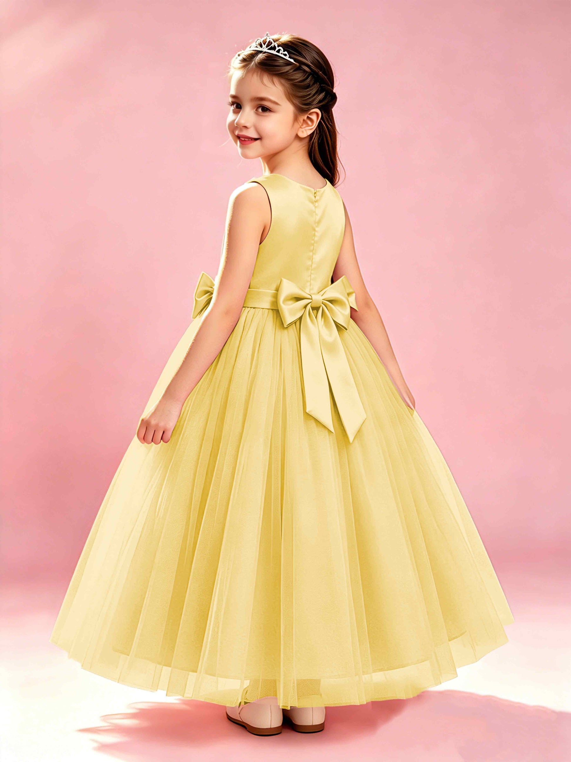 Satin Tulle Flower Girl Dress with Bow Princess Girls Pageant Gowns