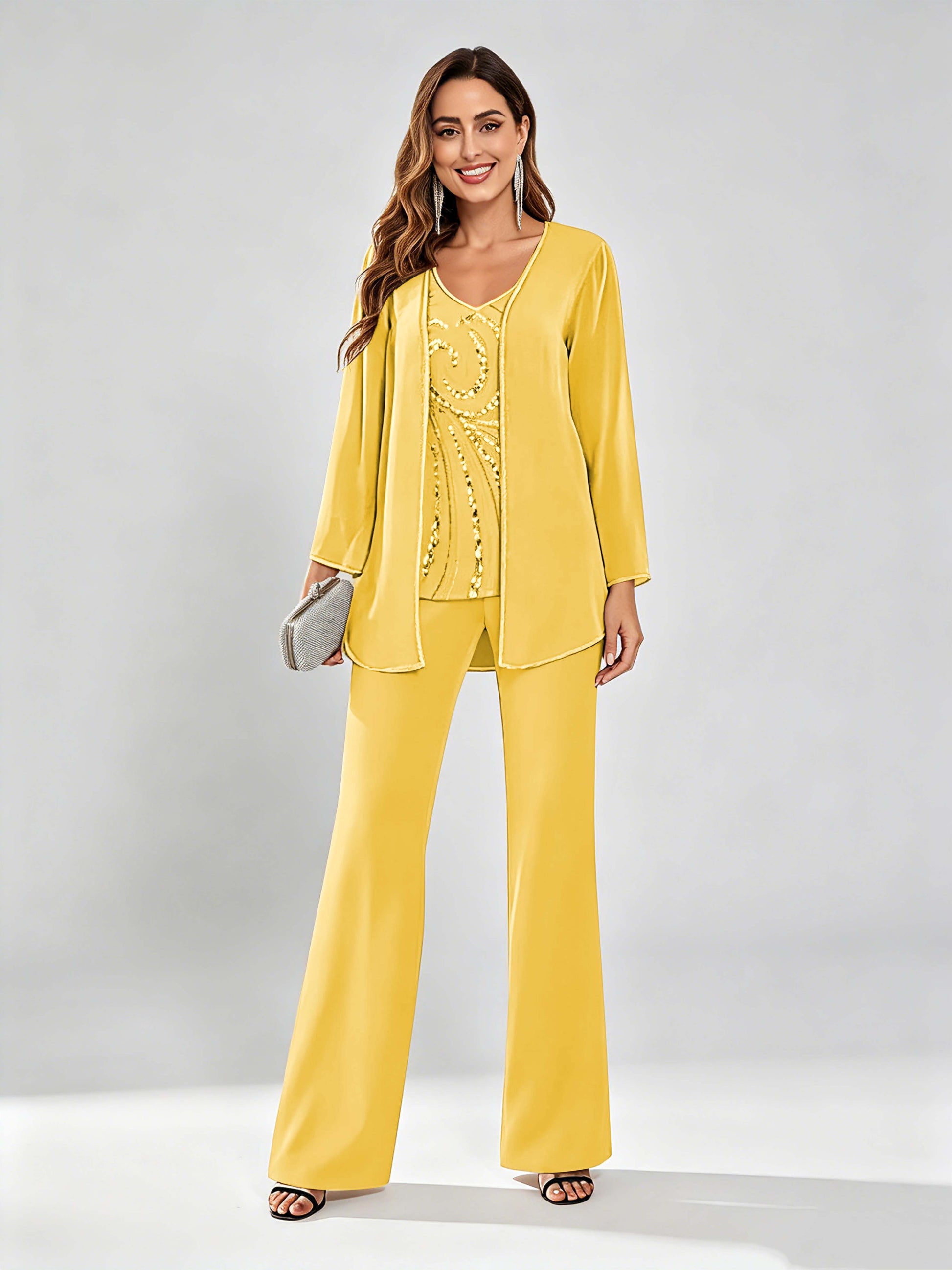 Chiffon Sequin 3 Pieces Mother of The Bride Pant Suits for Women