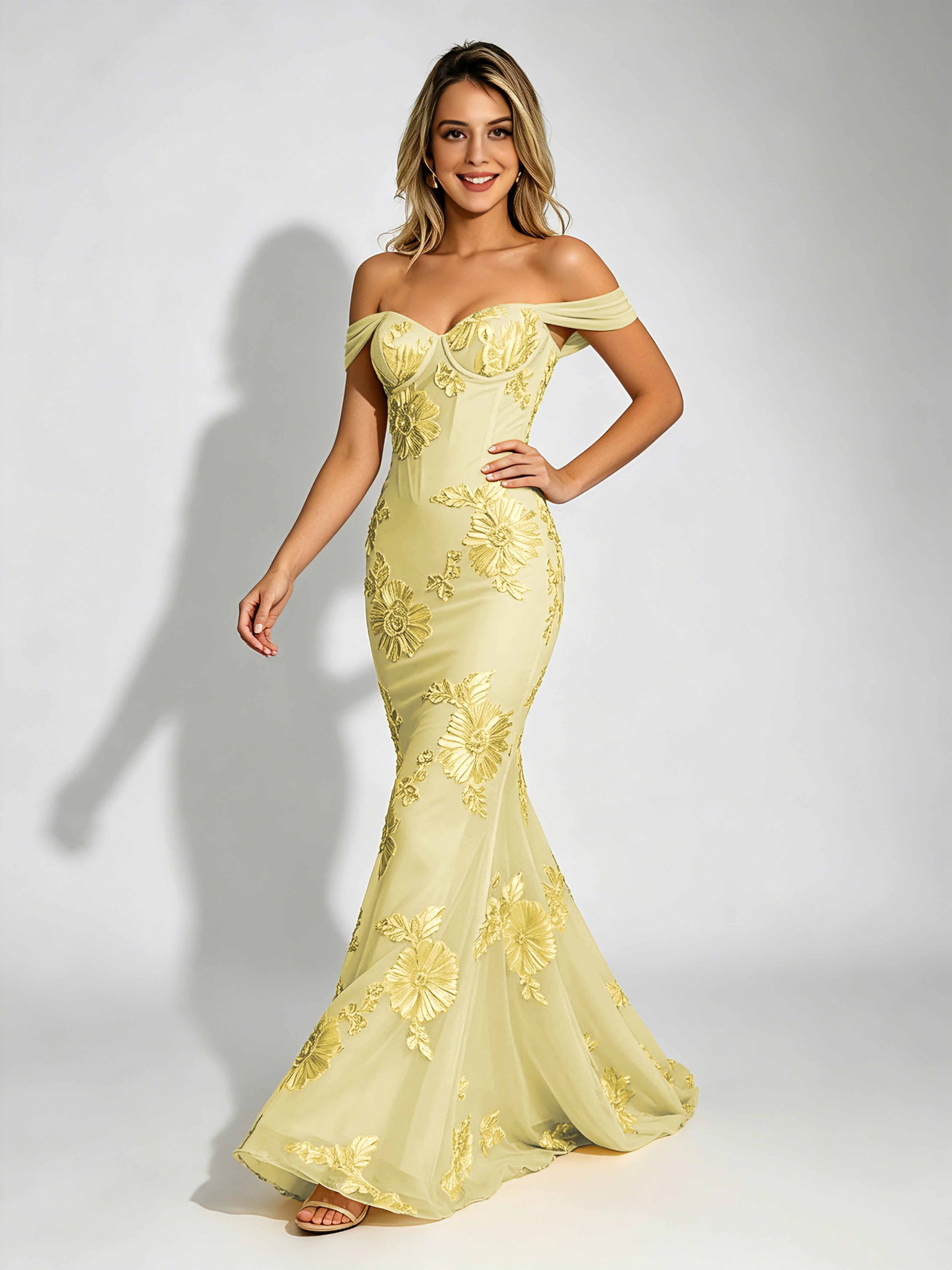 Embroidery Mesh Prom Dress for Teen Off Shoulder Formal Party Gown