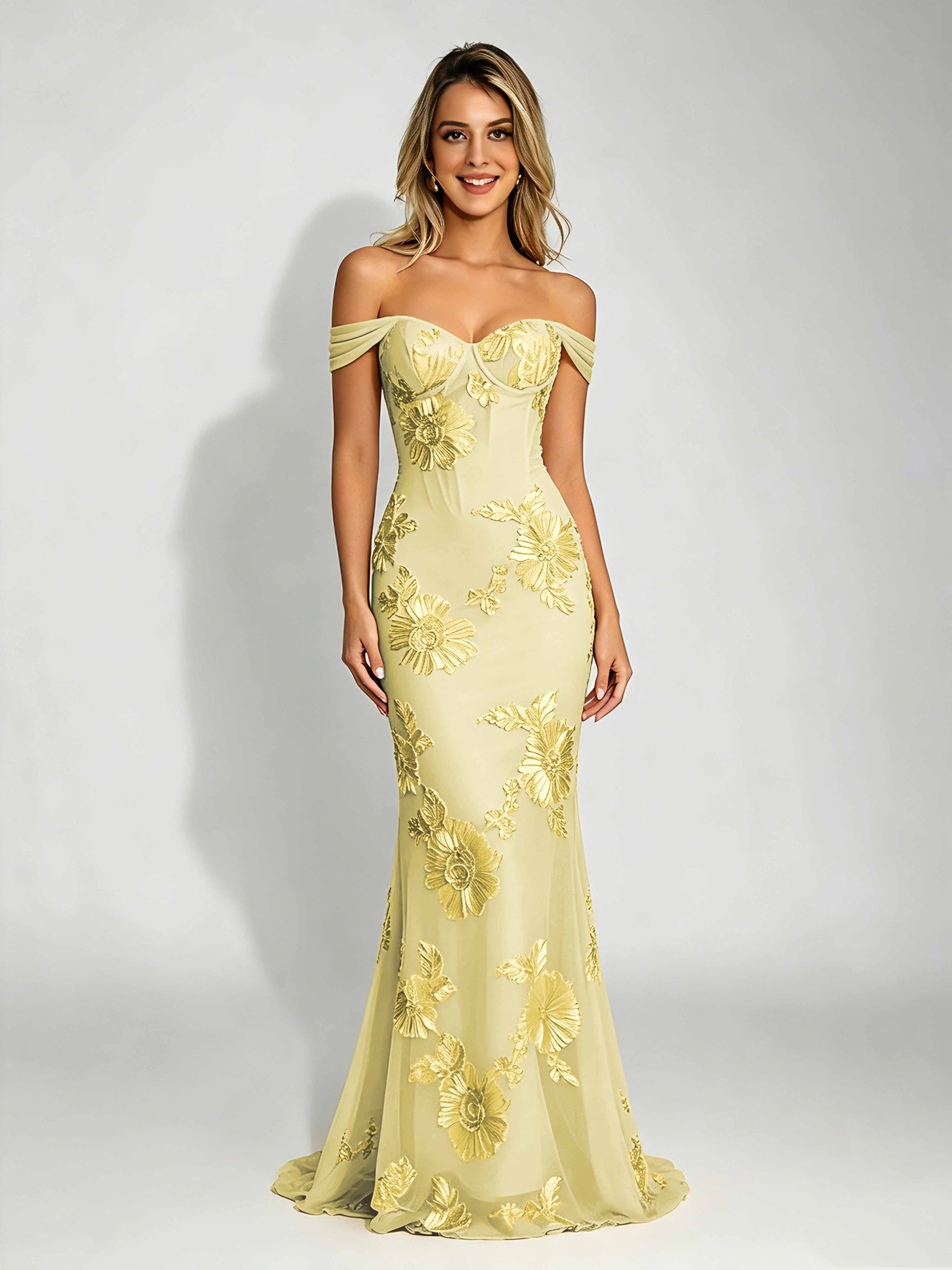 Embroidery Mesh Prom Dress for Teen Off Shoulder Formal Party Gown
