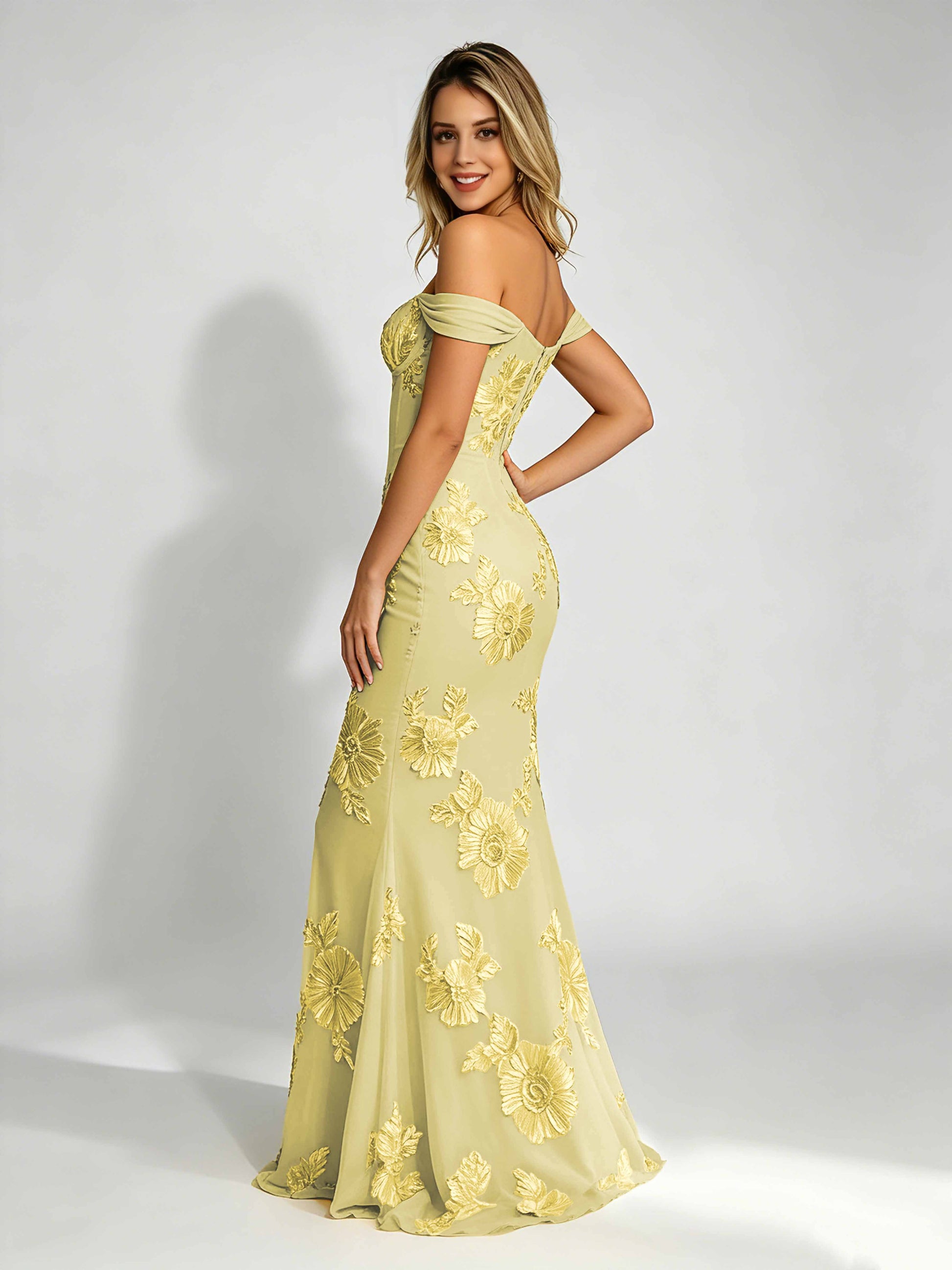 Embroidery Mesh Prom Dress for Teen Off Shoulder Formal Party Gown