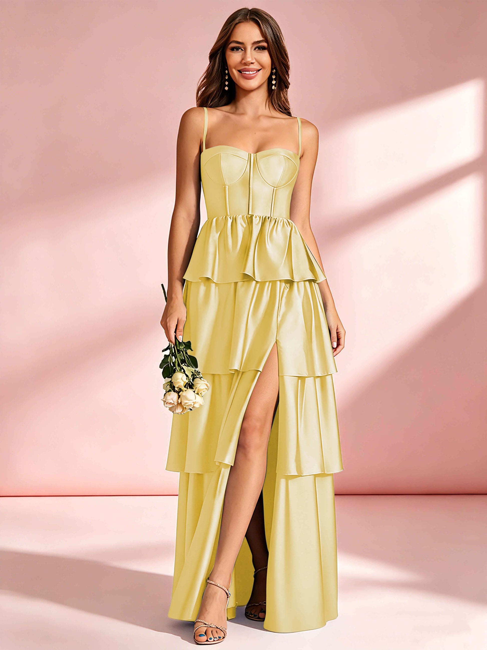 Satin Tiered Corset Bridesmaid Dresses Formal Evening Gown