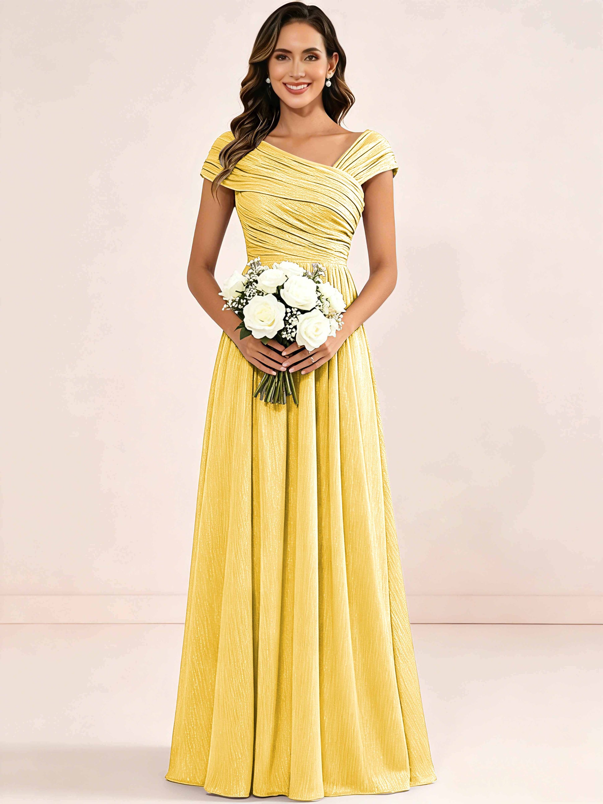 Shiny Striped Chiffon Ruched Cap Sleeve Mother of The Bride Dress