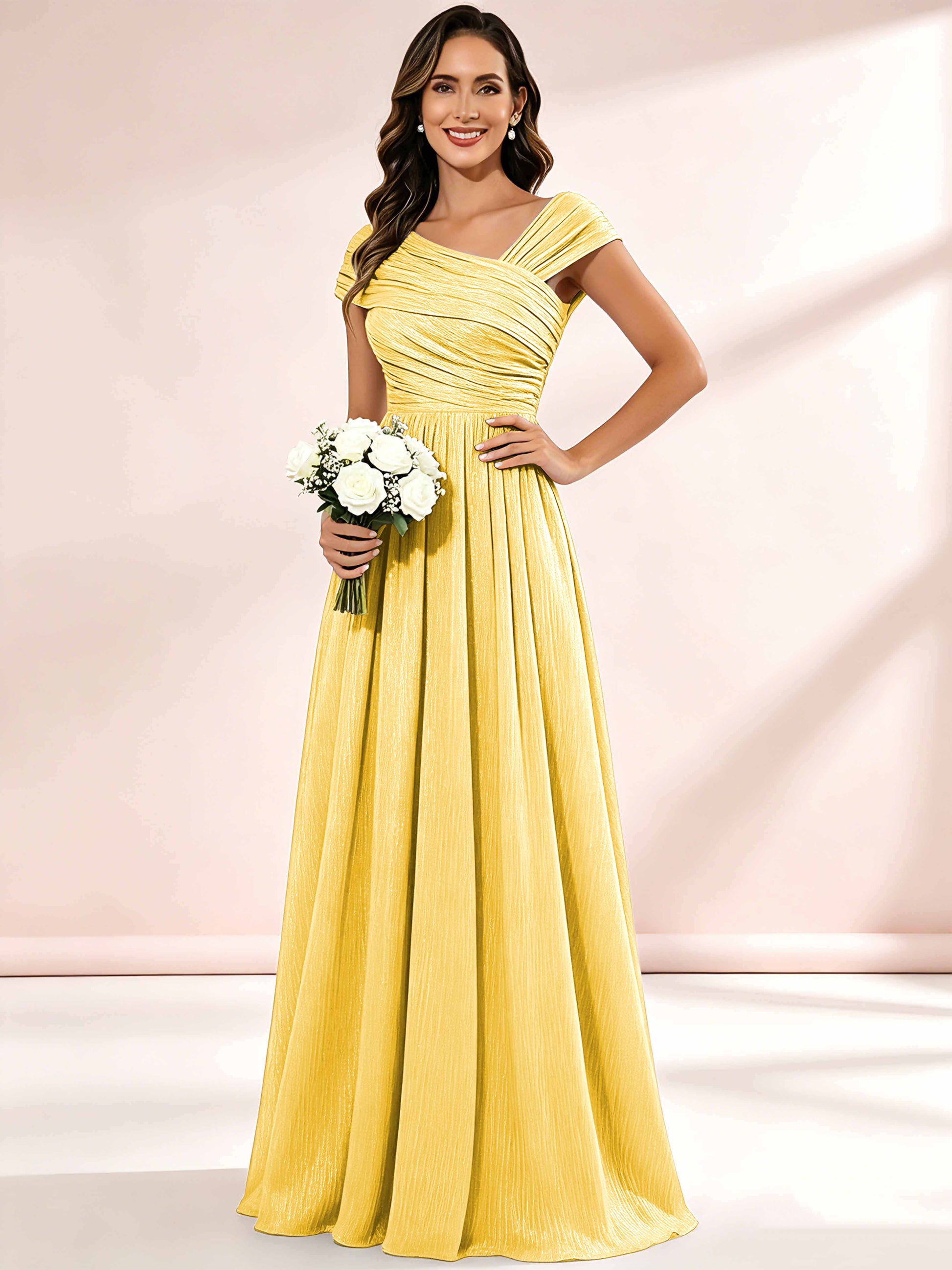 Shiny Striped Chiffon Ruched Cap Sleeve Mother of The Bride Dress