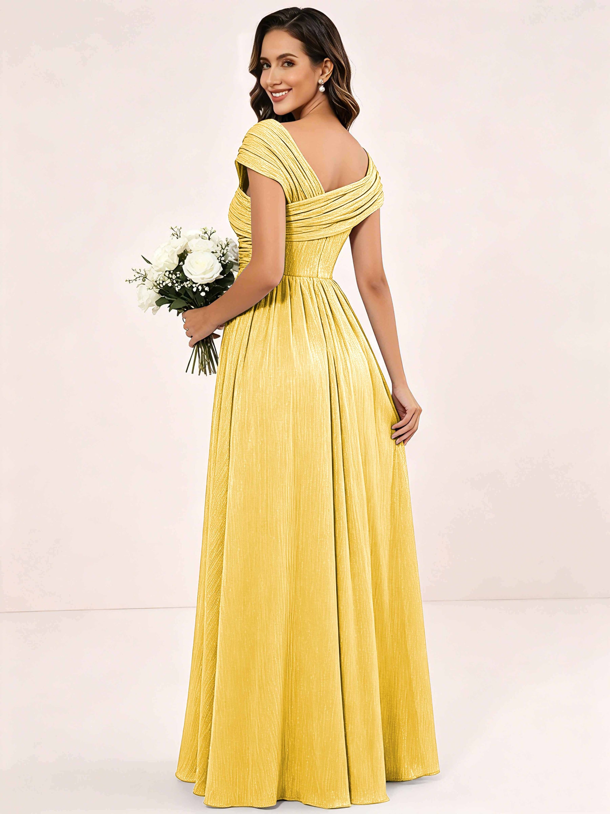 Shiny Striped Chiffon Ruched Cap Sleeve Mother of The Bride Dress