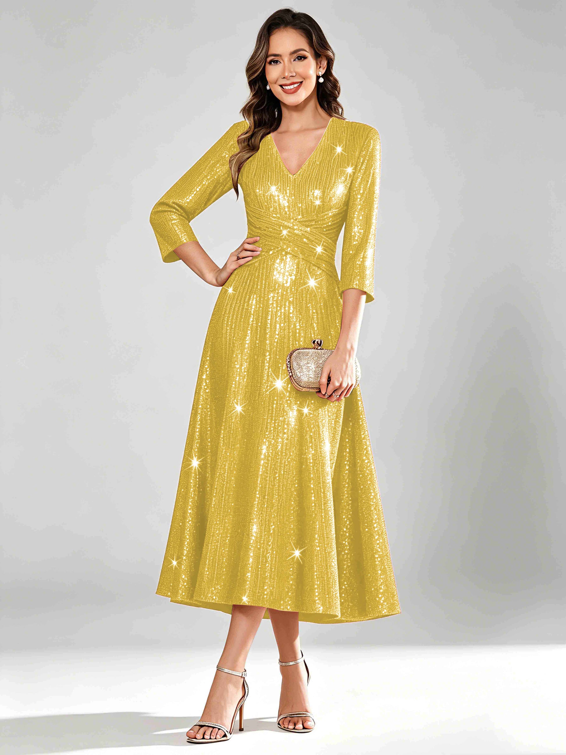 Sequin Sparkly 3/4 Sleeve Dressy Mother of The Bride Dresses
