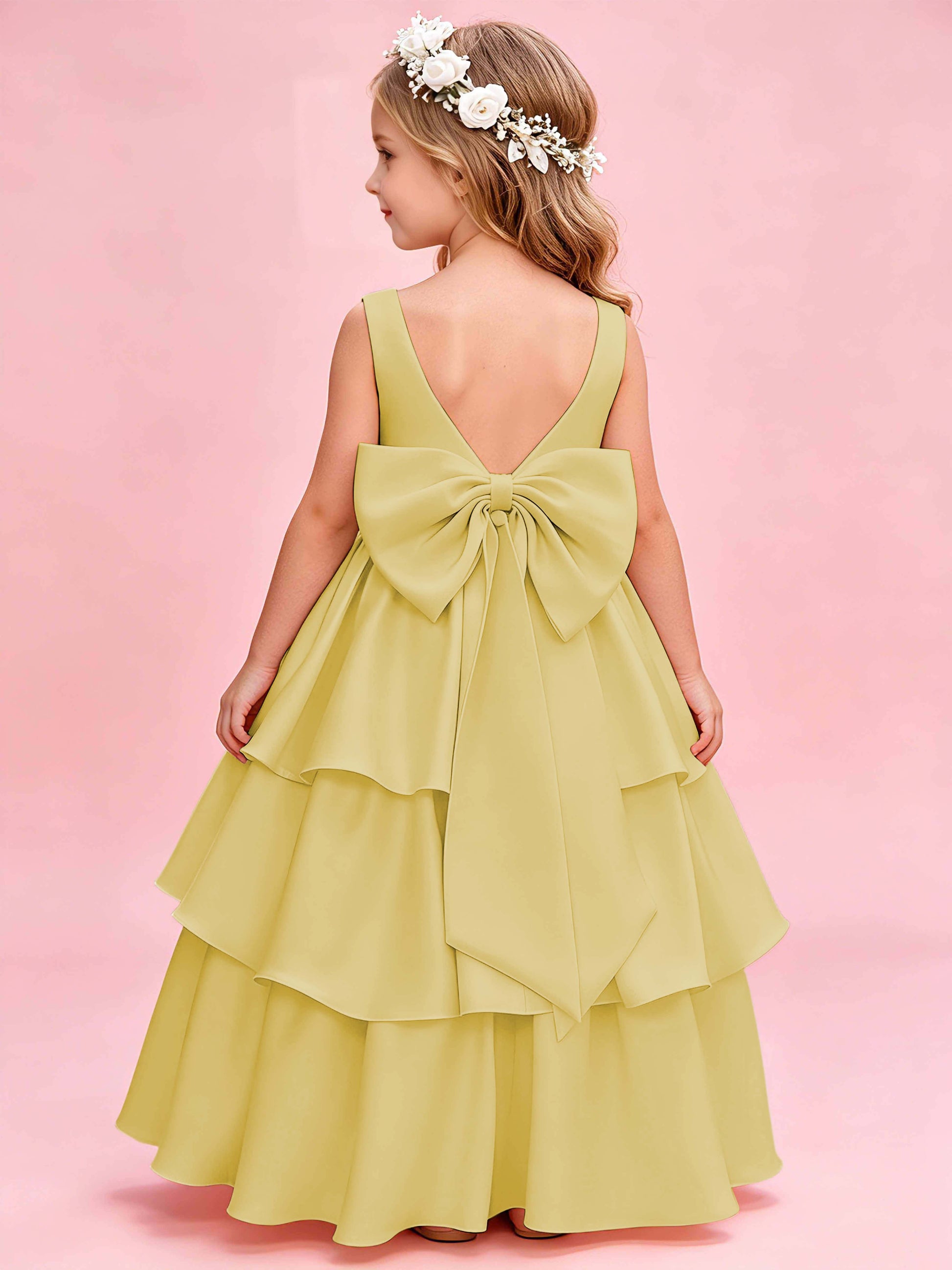 Tiered Flower Girl Dress with Bow Princess Girls Pageant Gowns
