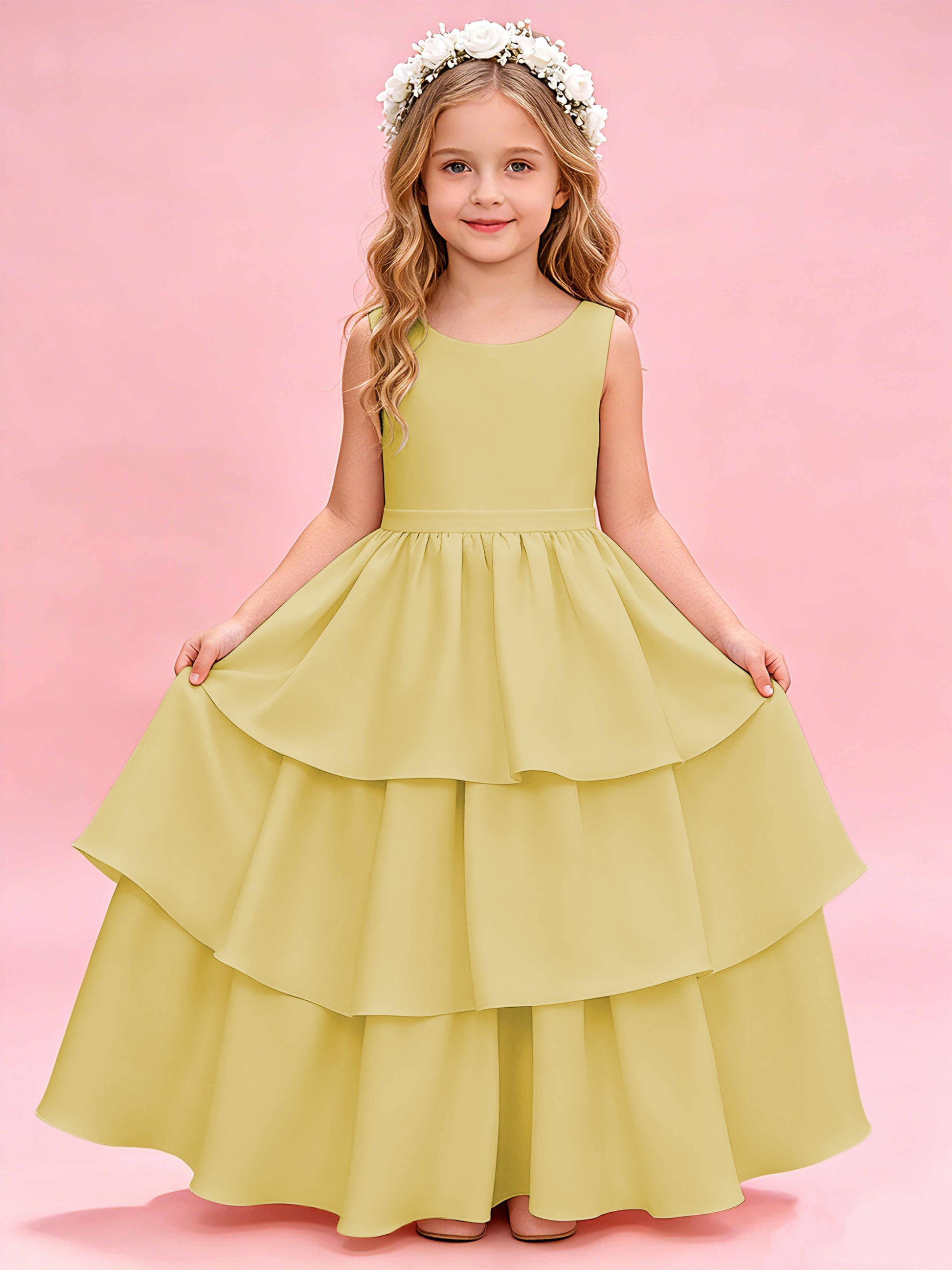 Tiered Flower Girl Dress with Bow Princess Girls Pageant Gowns