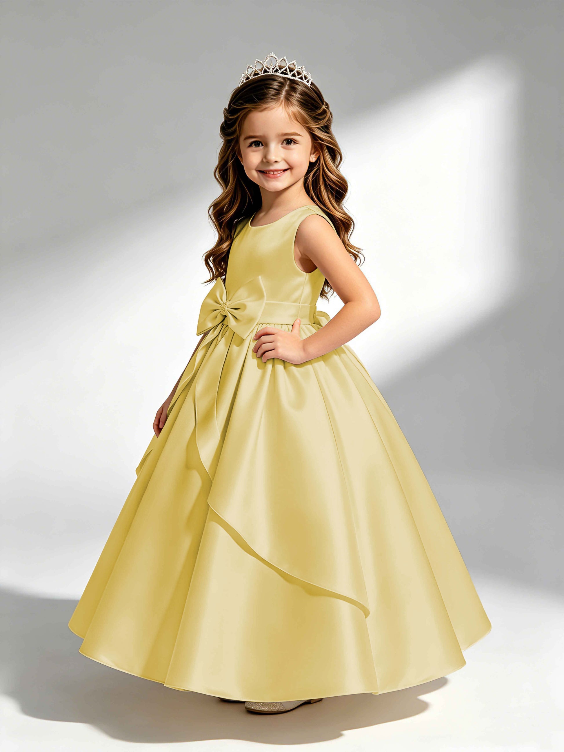 Satin Flower Girl Dress with Bow Princess Girls Pageant Gowns