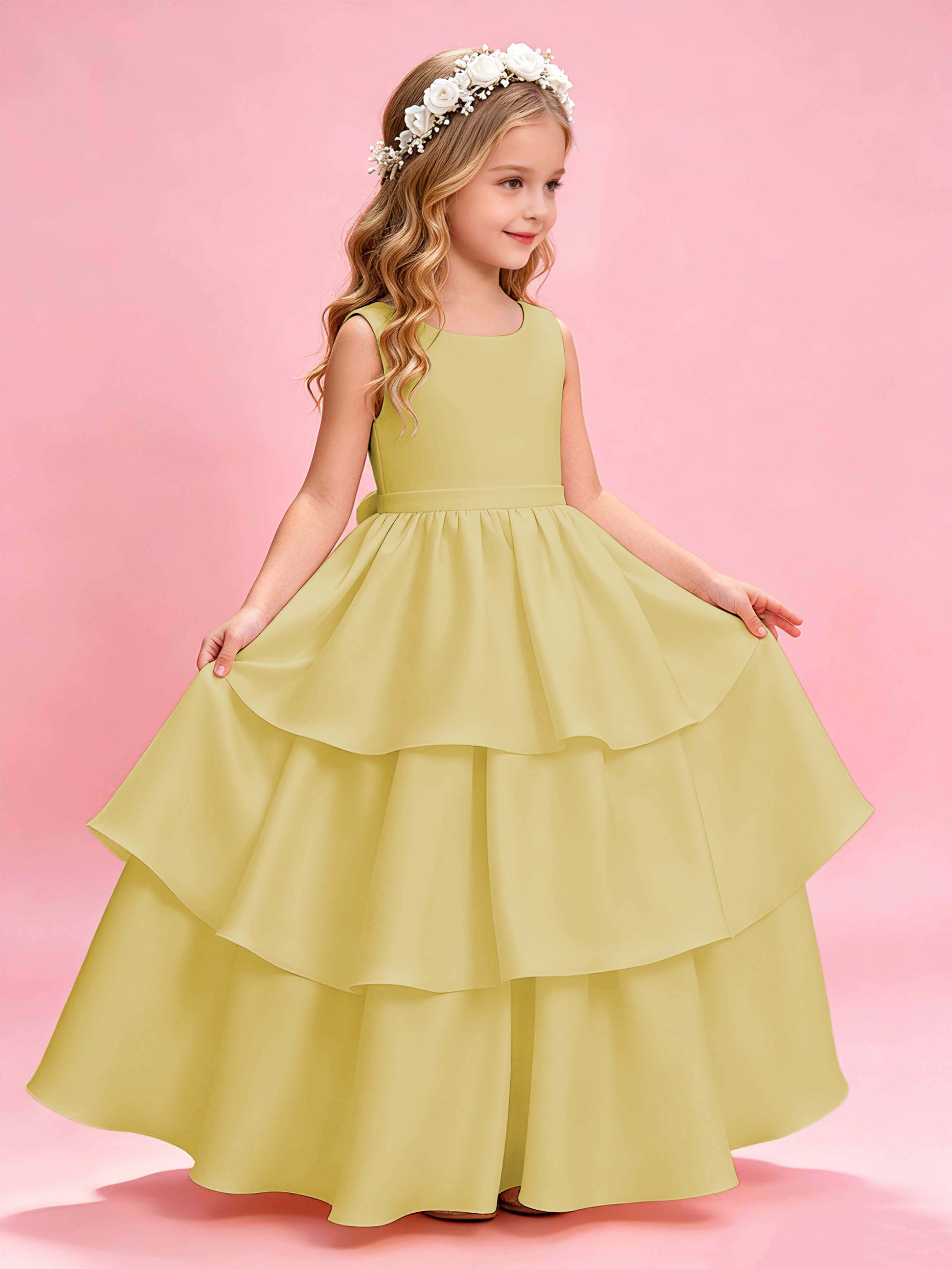 Tiered Flower Girl Dress with Bow Princess Girls Pageant Gowns