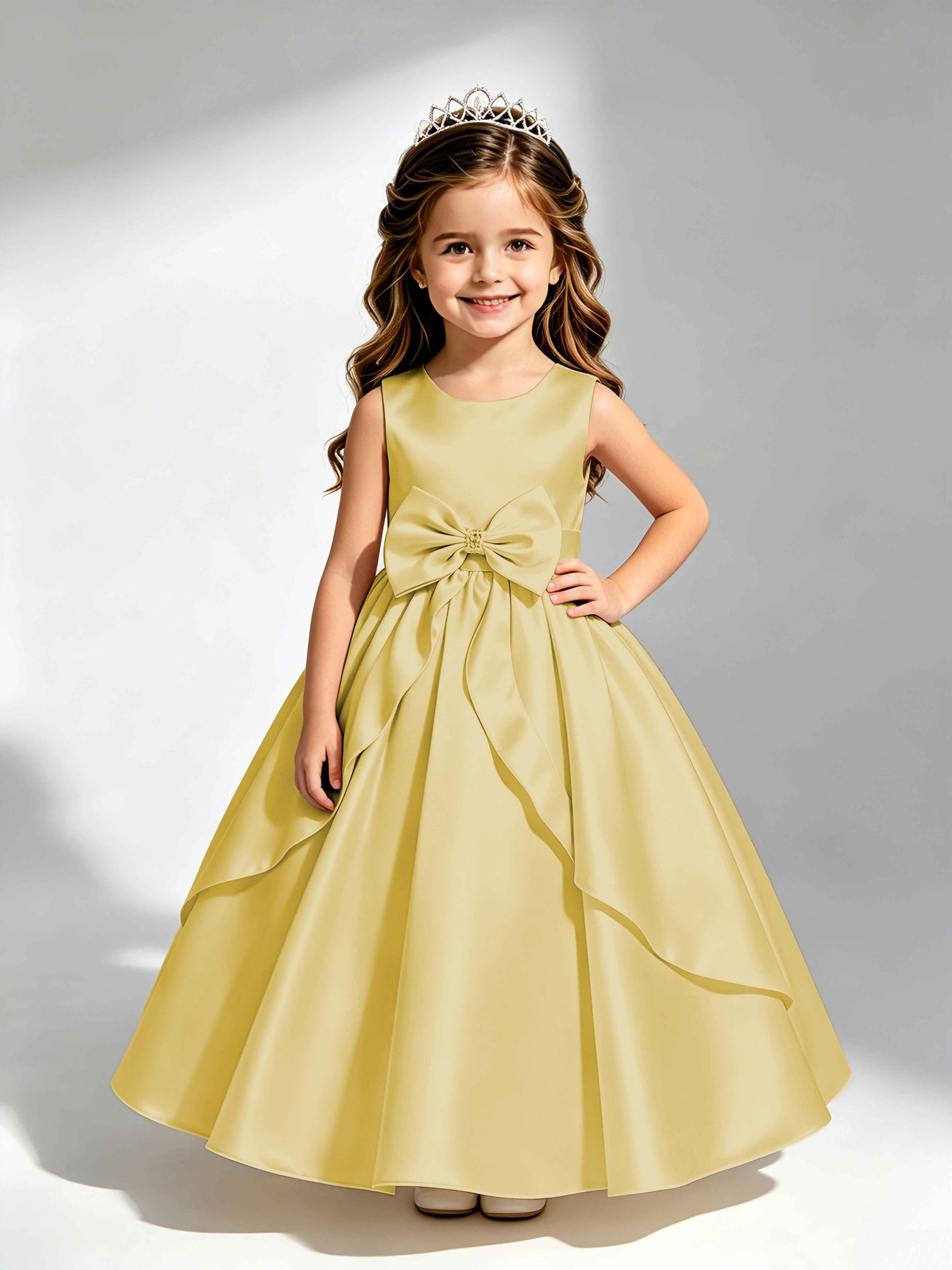 Satin Flower Girl Dress with Bow Princess Girls Pageant Gowns