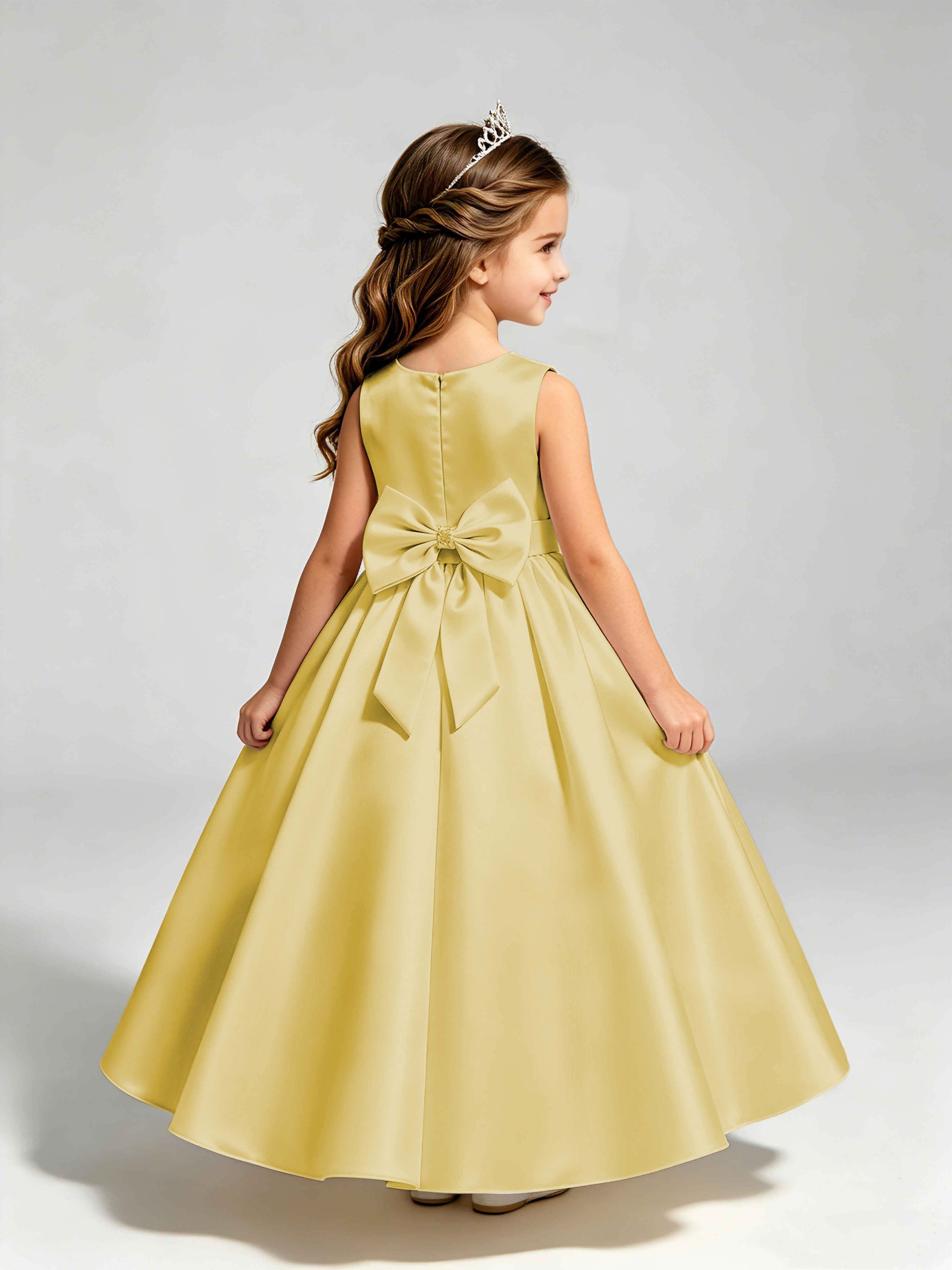 Satin Flower Girl Dress with Bow Princess Girls Pageant Gowns