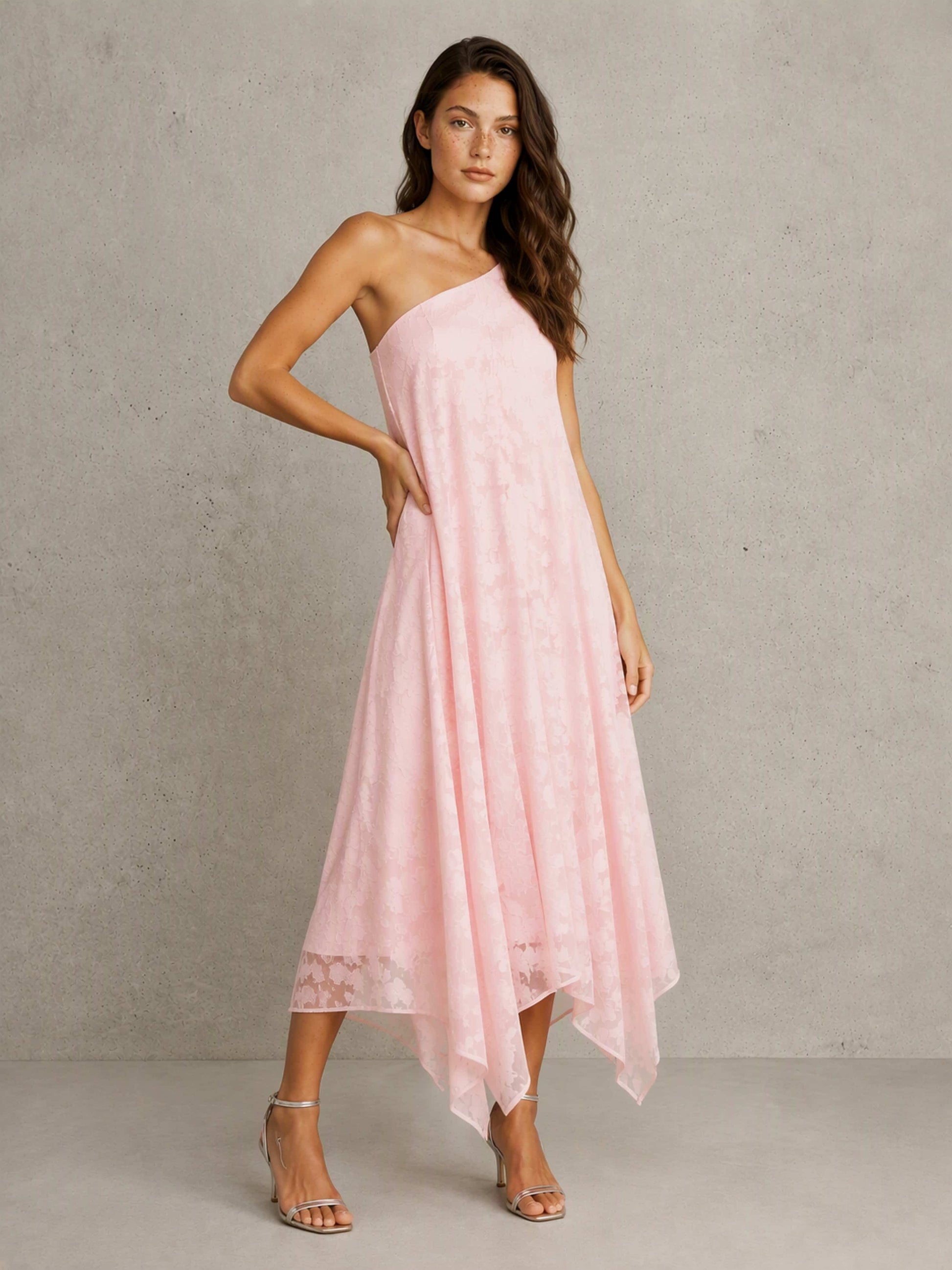 One Shoulder Jacquard Chiffon Backless Wedding Guest Dress Formal Party Gown