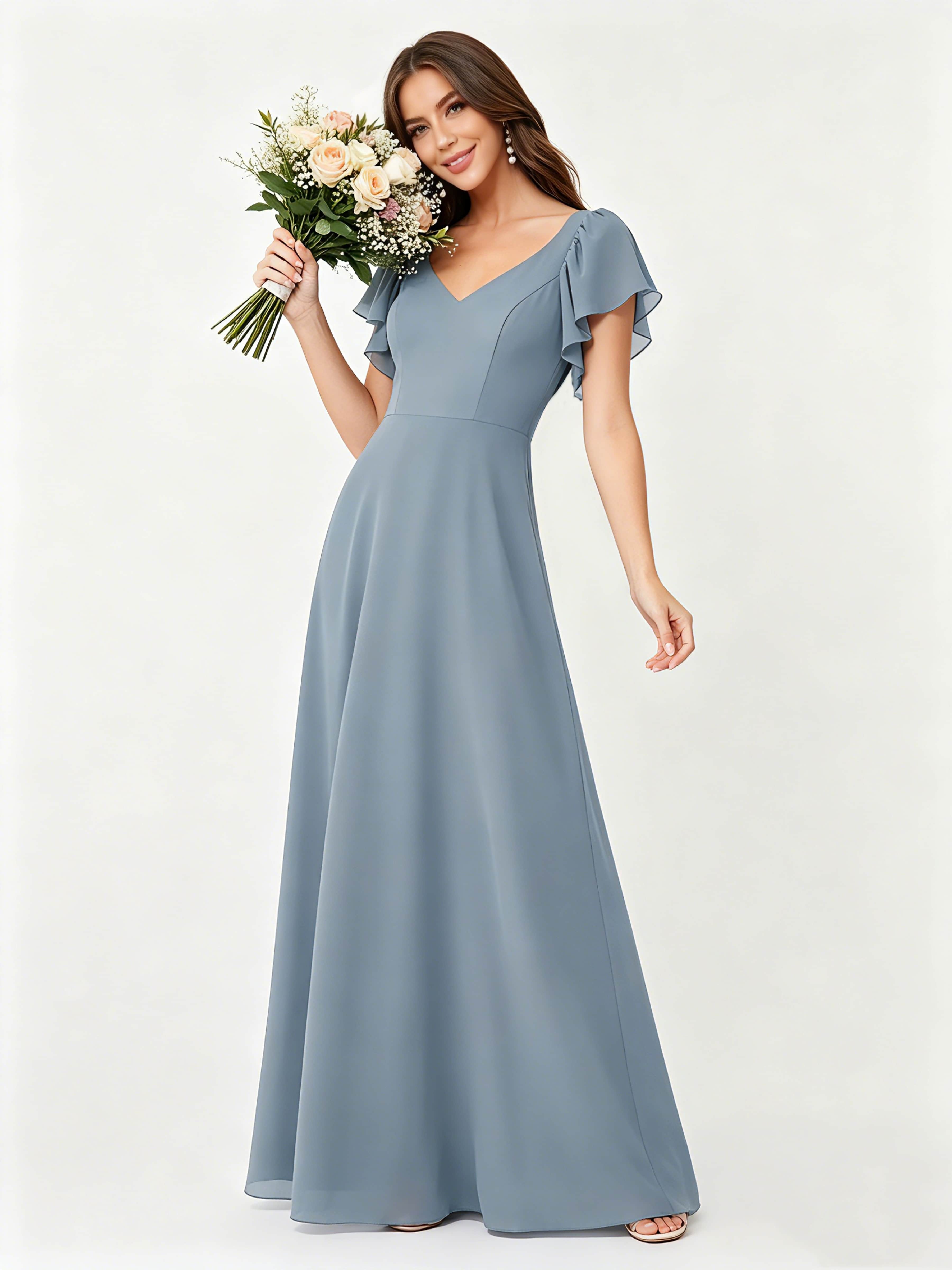 Ruffle Sleeve Chiffon Bridesmaid Dresses for Women Wedding
