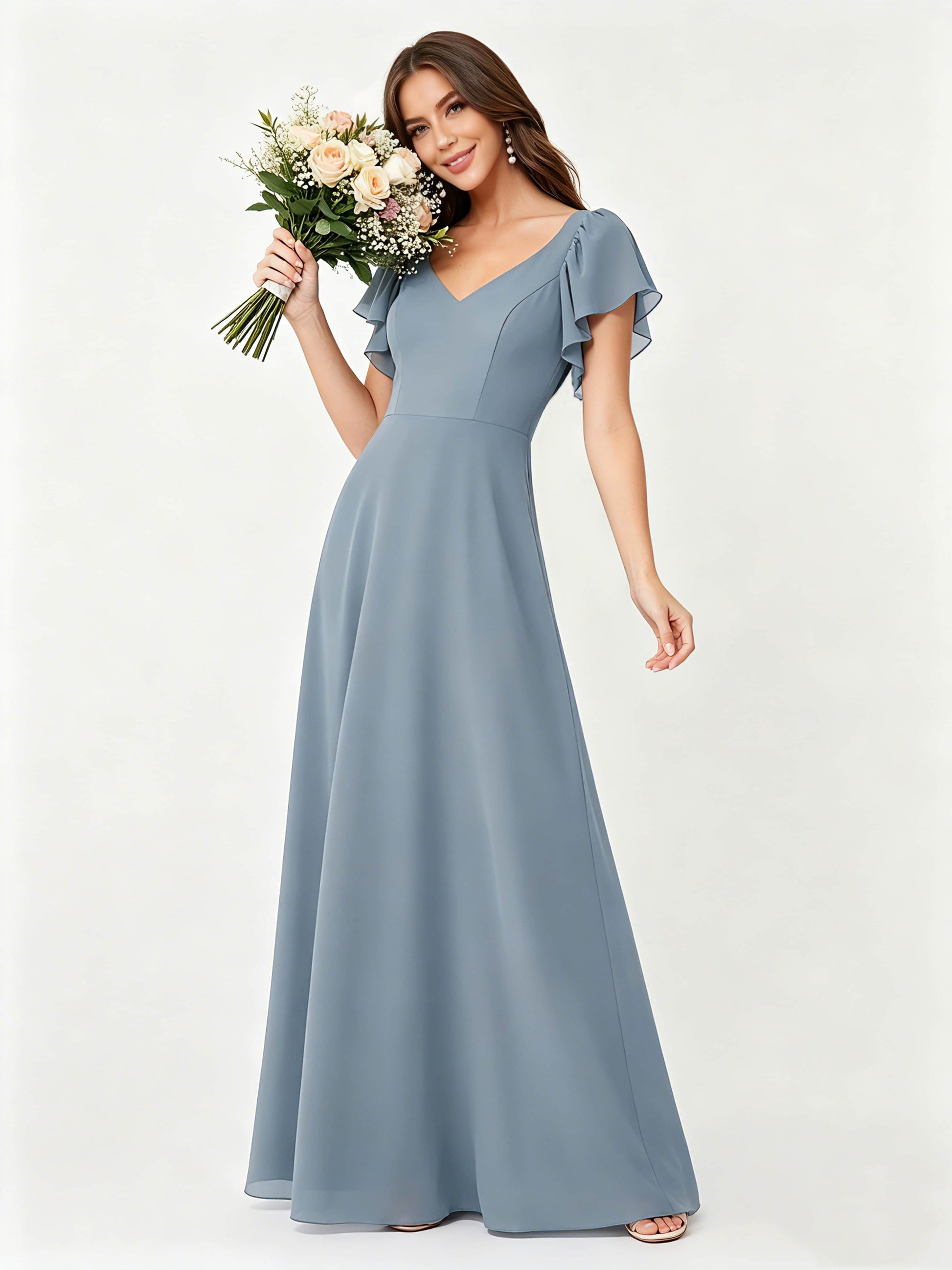 Ruffle Sleeve Chiffon Bridesmaid Dresses for Women Wedding