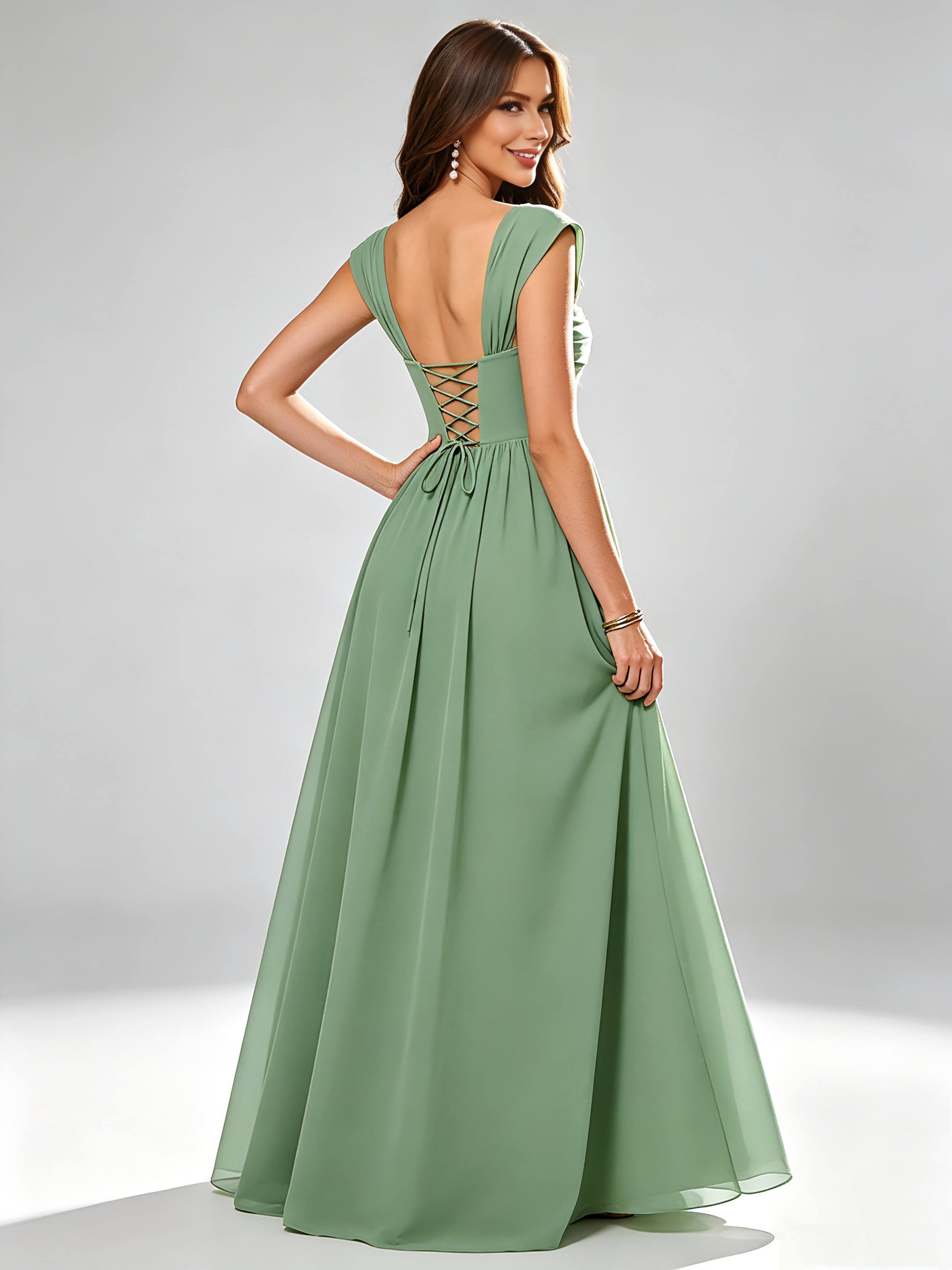 Square Neck Chiffon Bridesmaid Dress Corset Formal Gown
