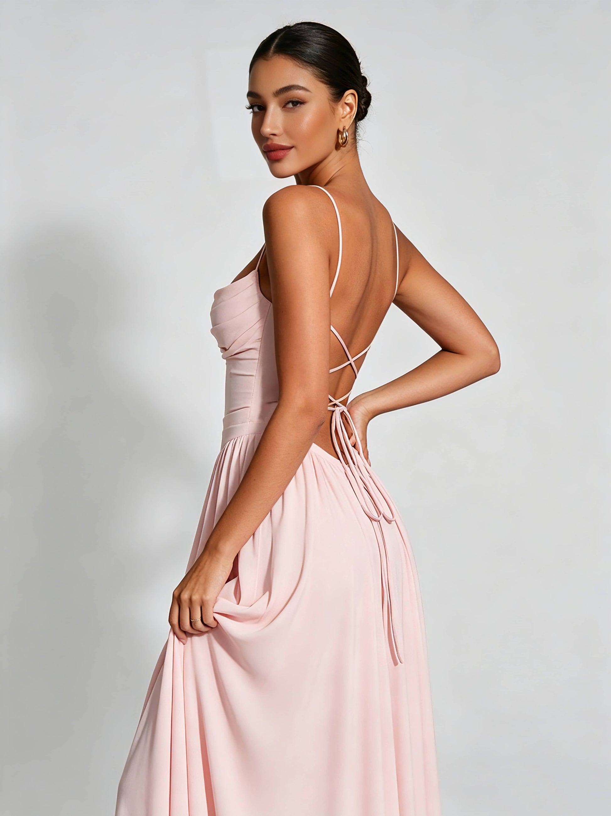 Spaghetti Straps Bridesmaid Dresses Chiffon Backless Wedding Guest Gown
