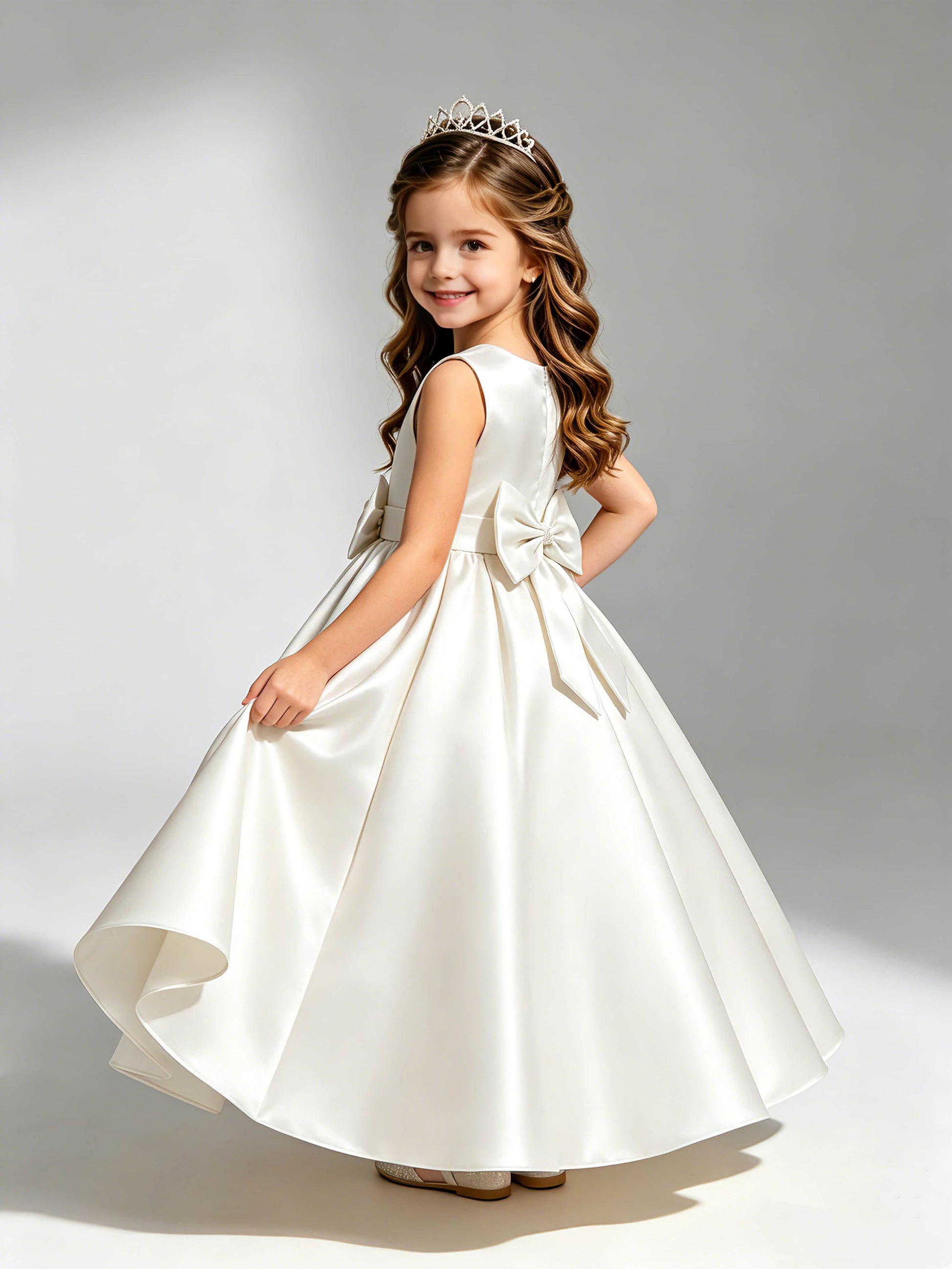 Satin Flower Girl Dress with Bow Princess Girls Pageant Gowns