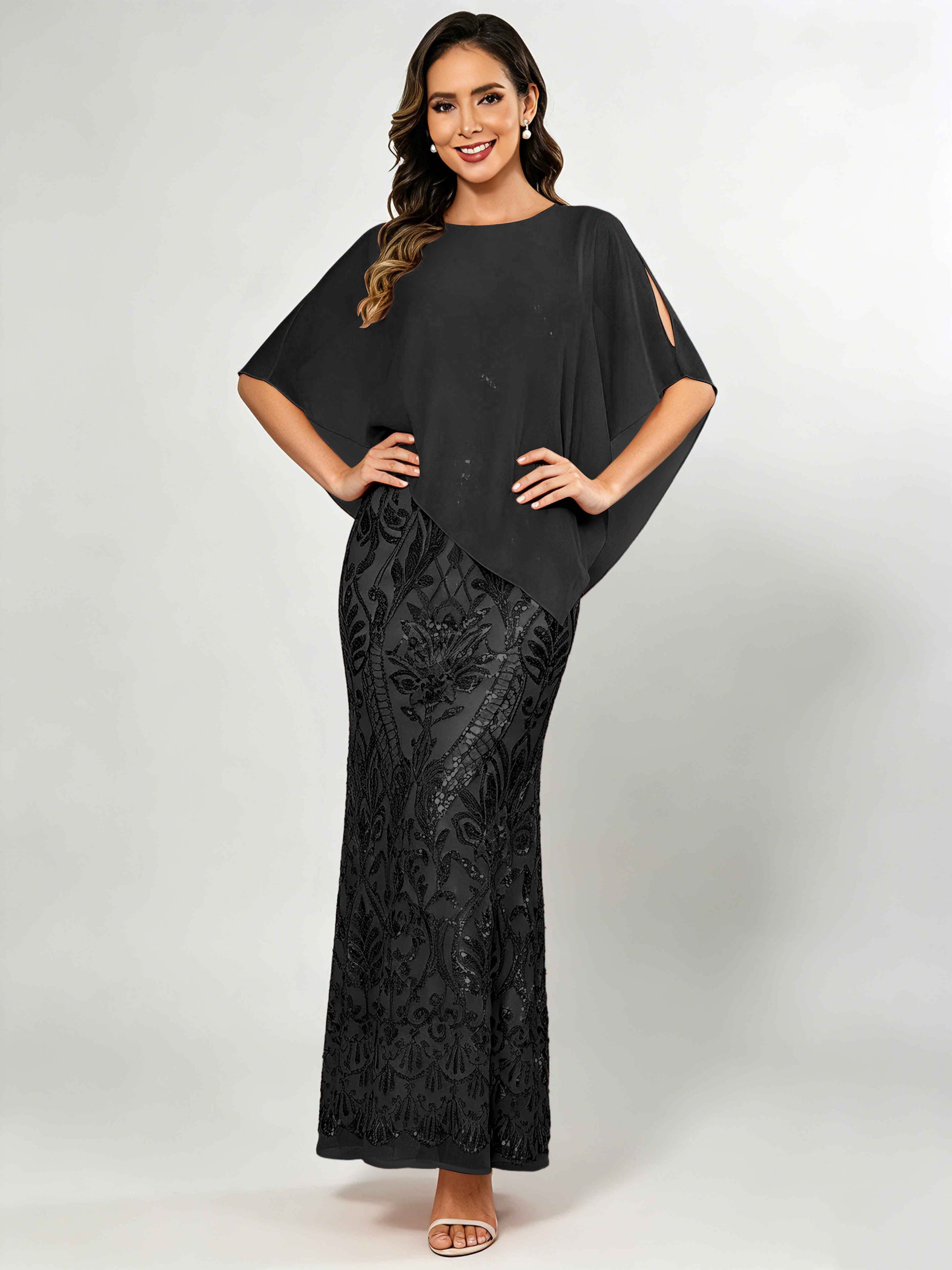 Mermaid Sequin Mother of The Bride Dress with Chiffon Cape