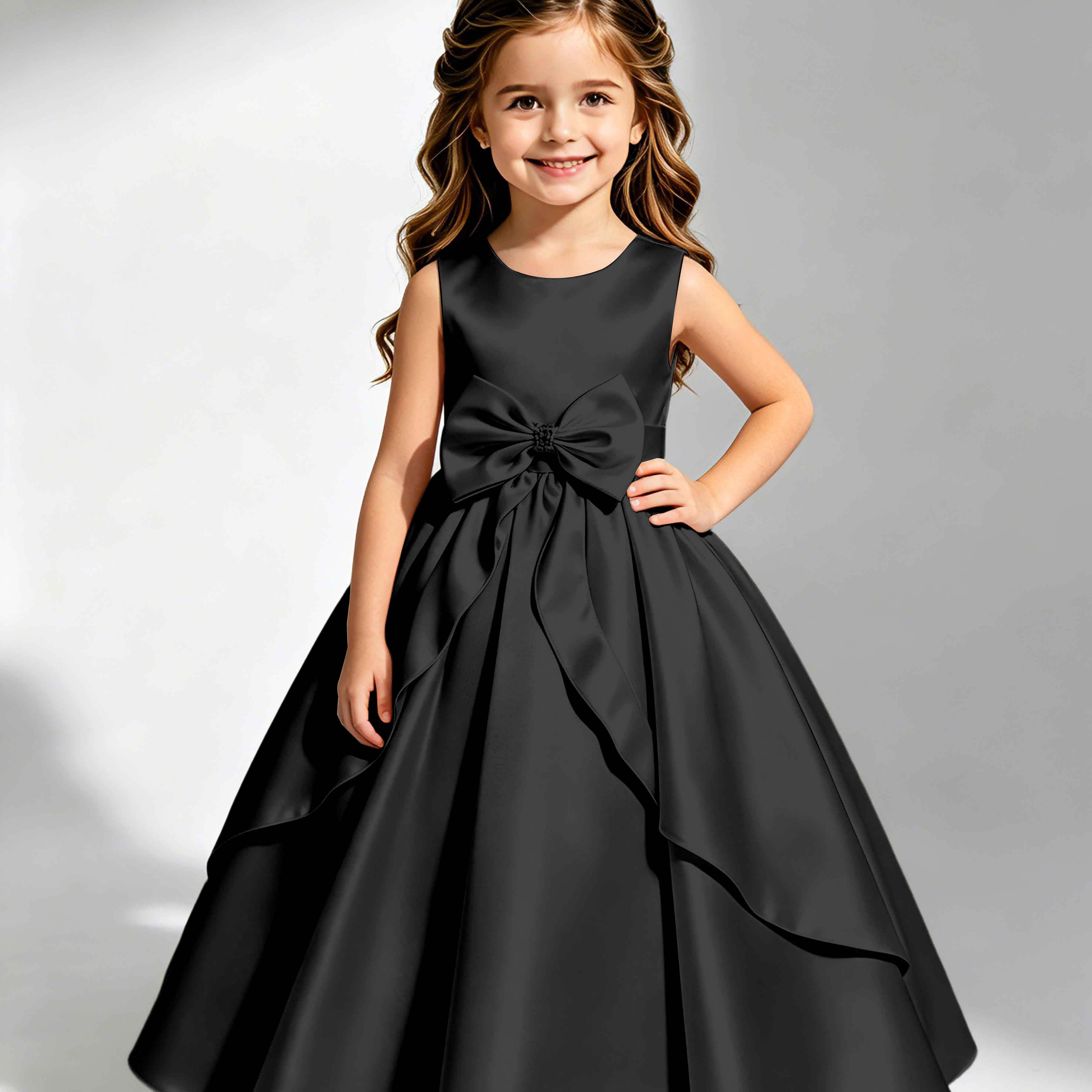 Satin Flower Girl Dress with Bow Princess Girls Pageant Gowns