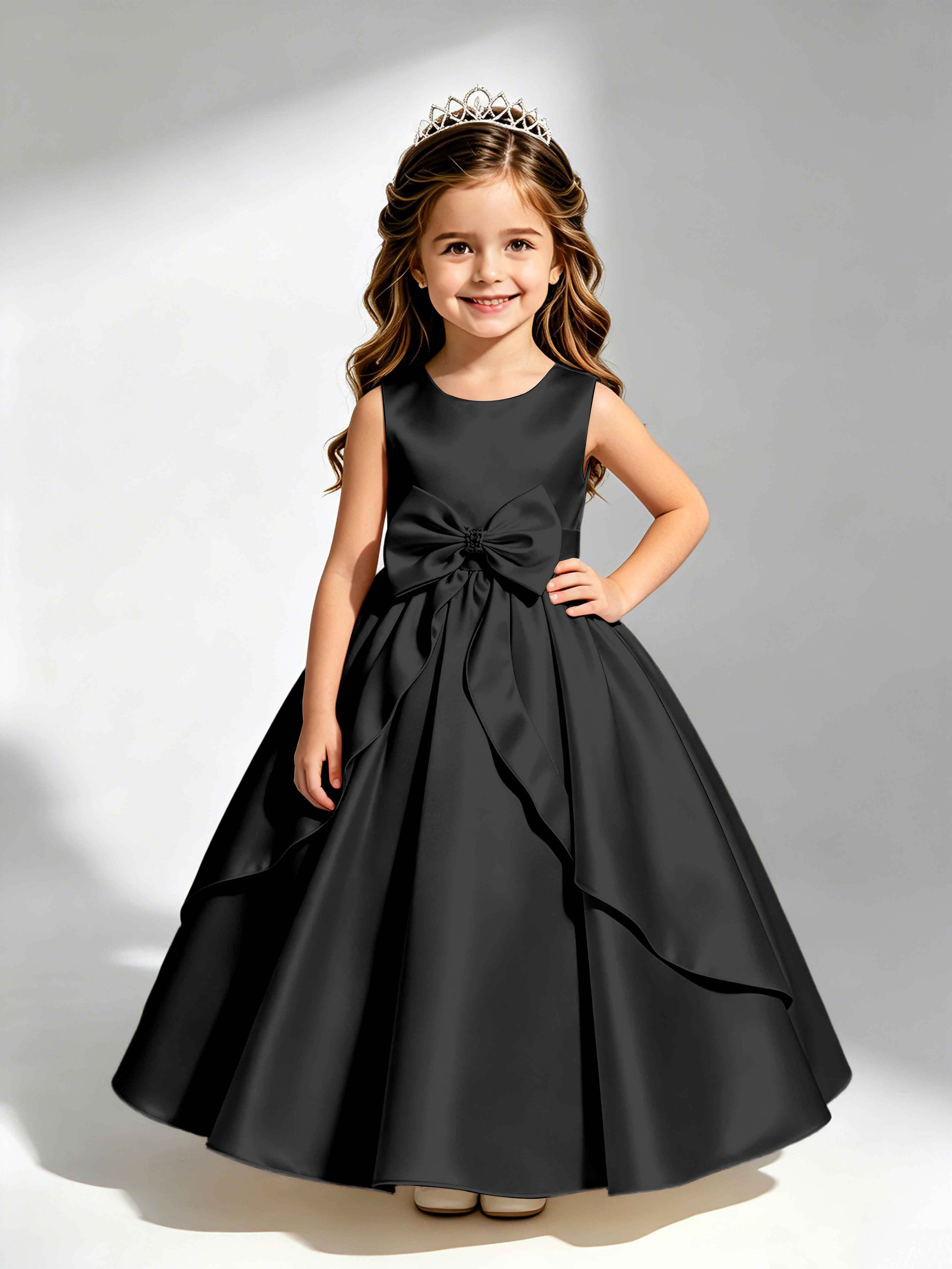 Satin Flower Girl Dress with Bow Princess Girls Pageant Gowns
