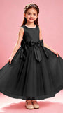 Satin Tulle Flower Girl Dress with Bow Princess Girls Pageant Gowns