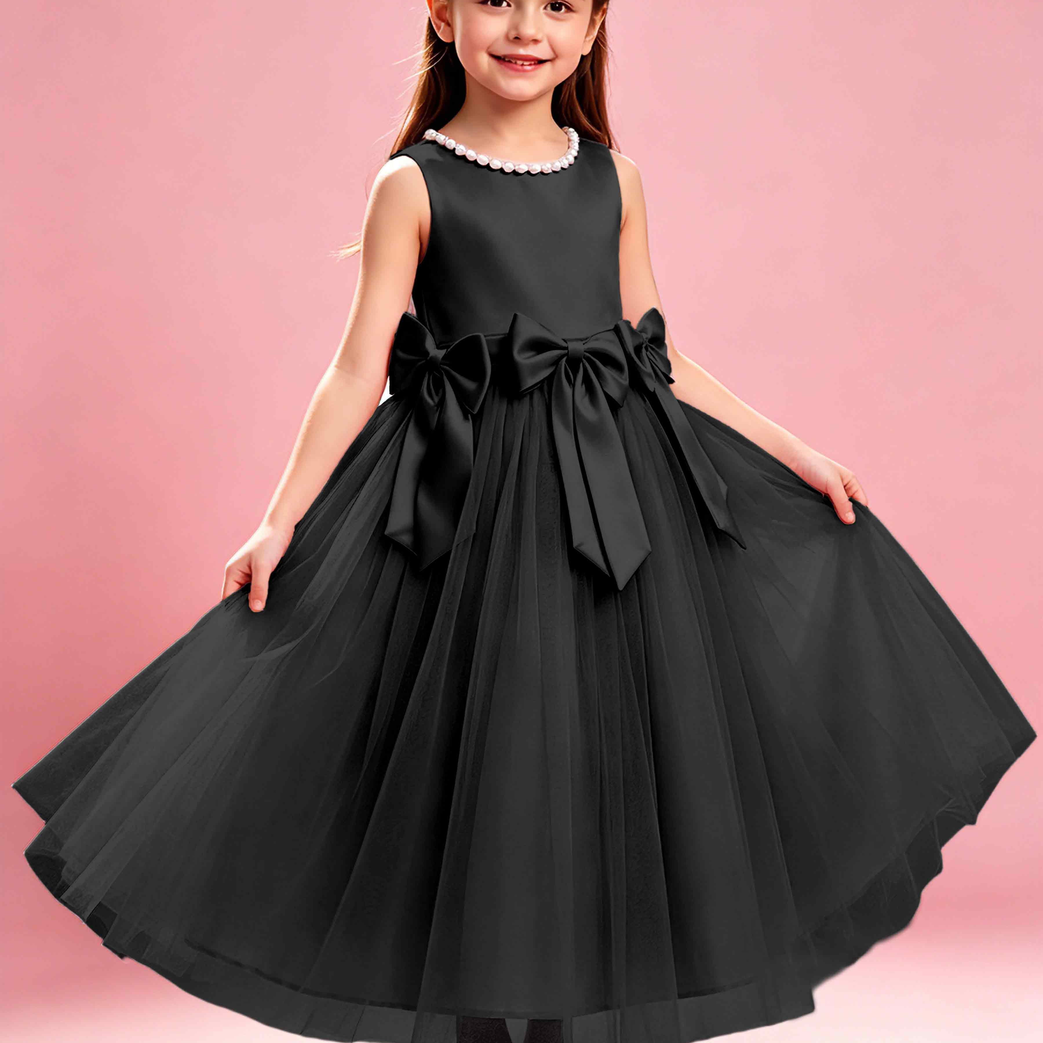 Satin Tulle Flower Girl Dress with Bow Princess Girls Pageant Gowns