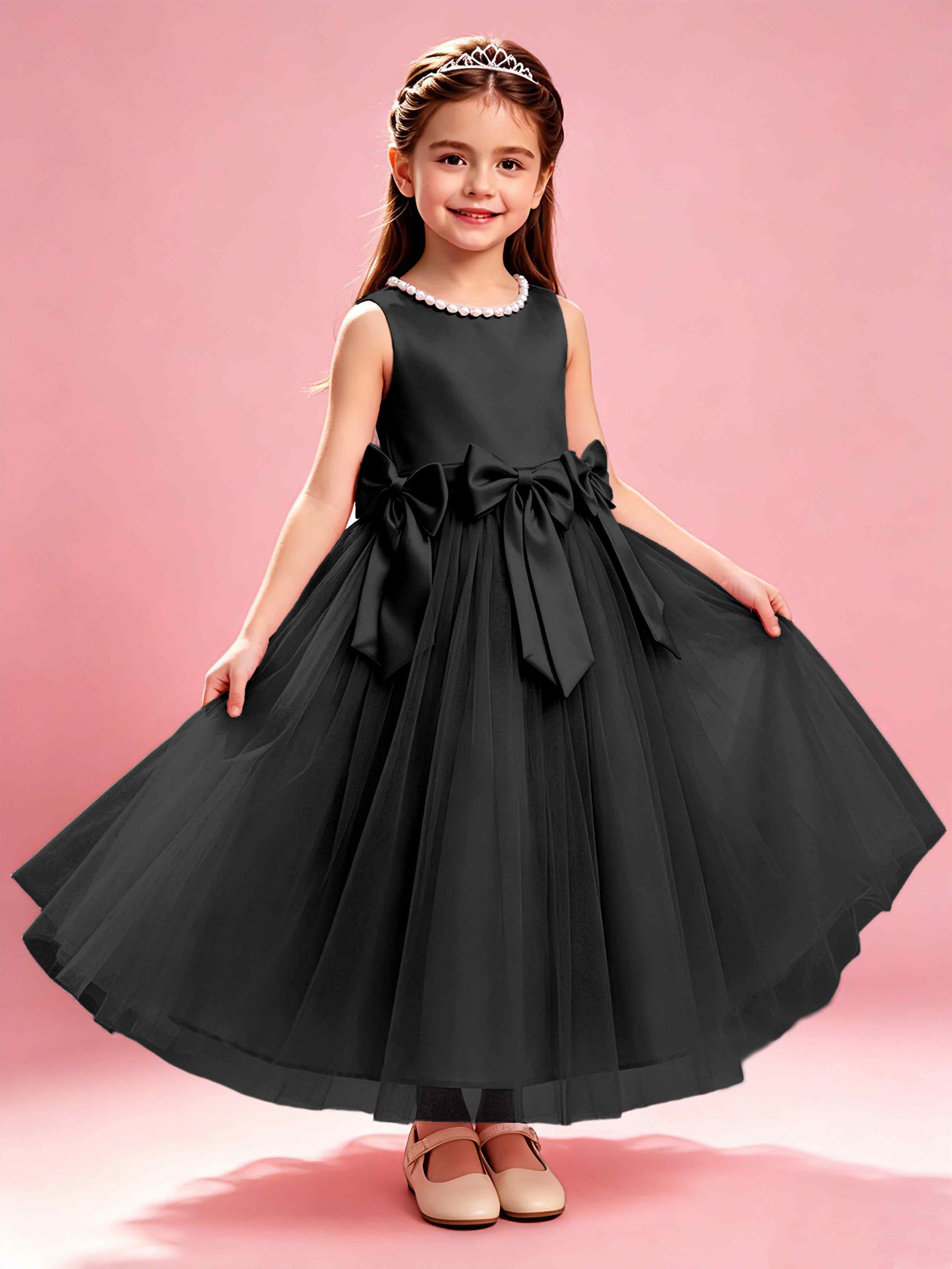 Satin Tulle Flower Girl Dress with Bow Princess Girls Pageant Gowns