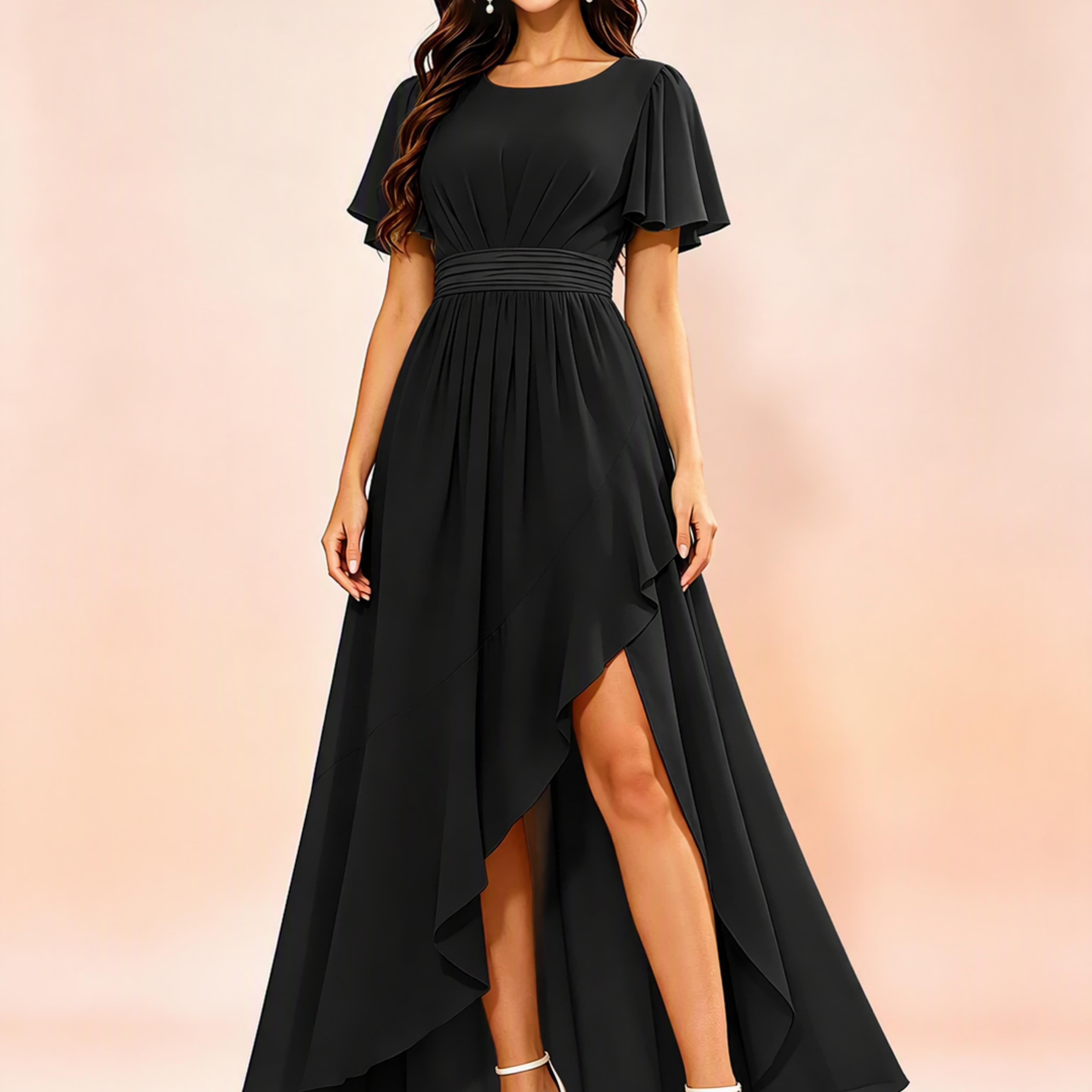 Chiffon High Low Round Neck Bridesmaid / Wedding Guest Dresses