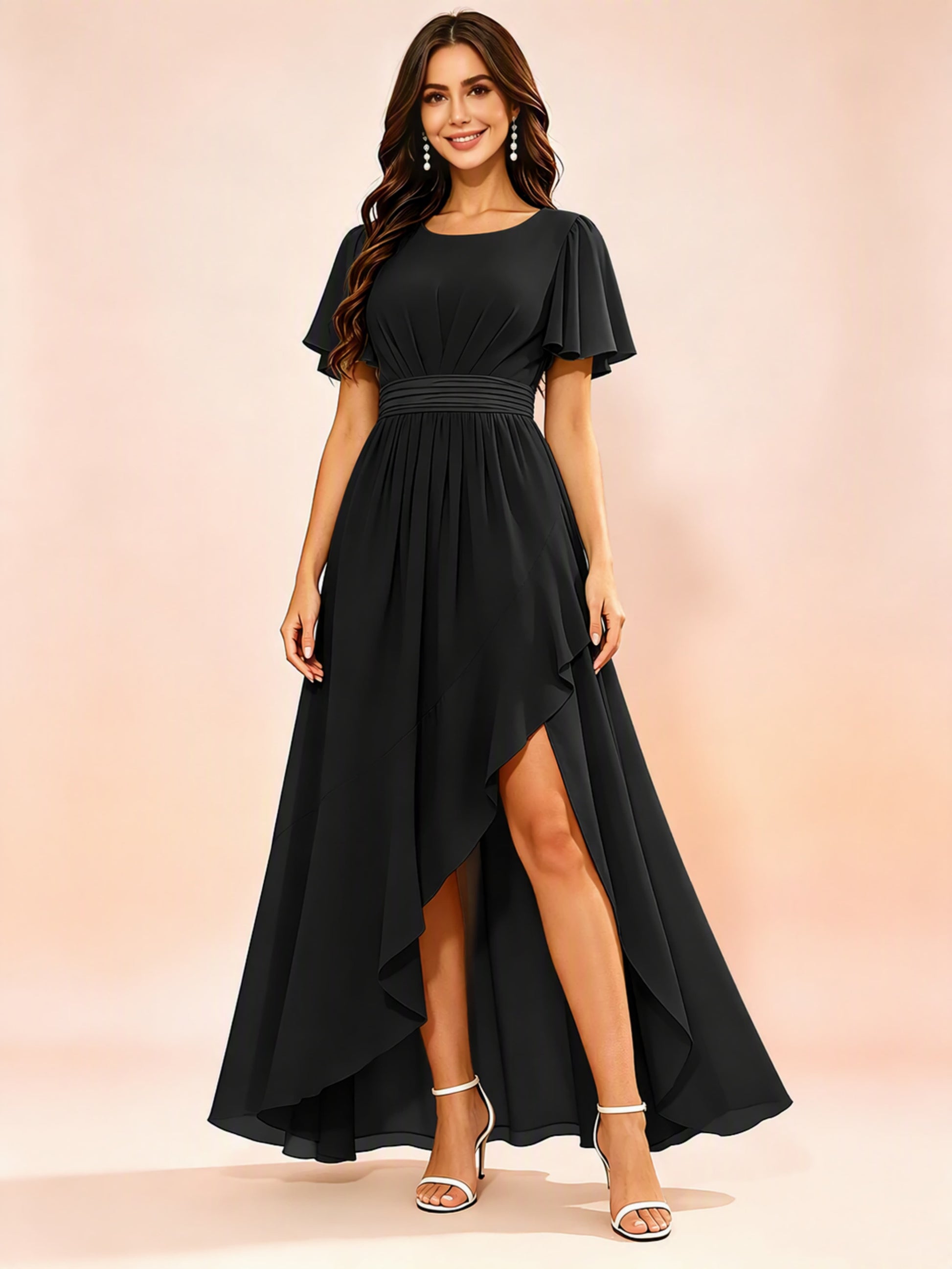 Chiffon High Low Round Neck Bridesmaid / Wedding Guest Dresses