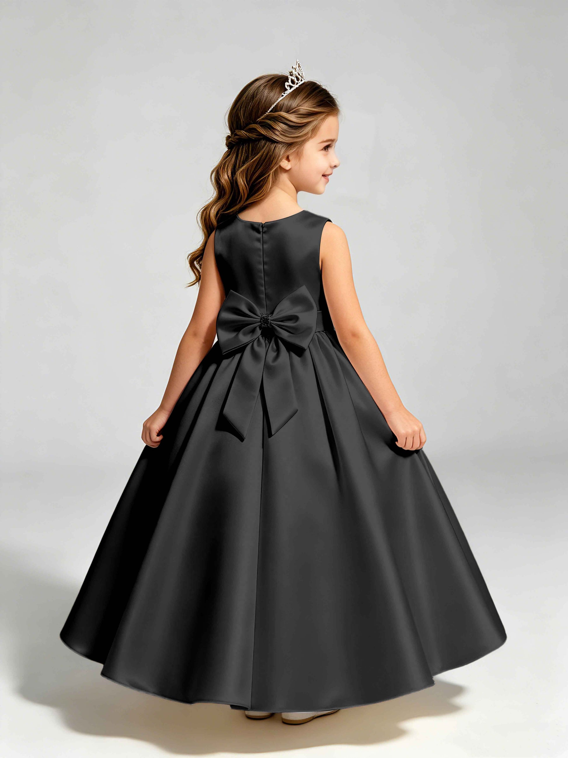 Satin Flower Girl Dress with Bow Princess Girls Pageant Gowns