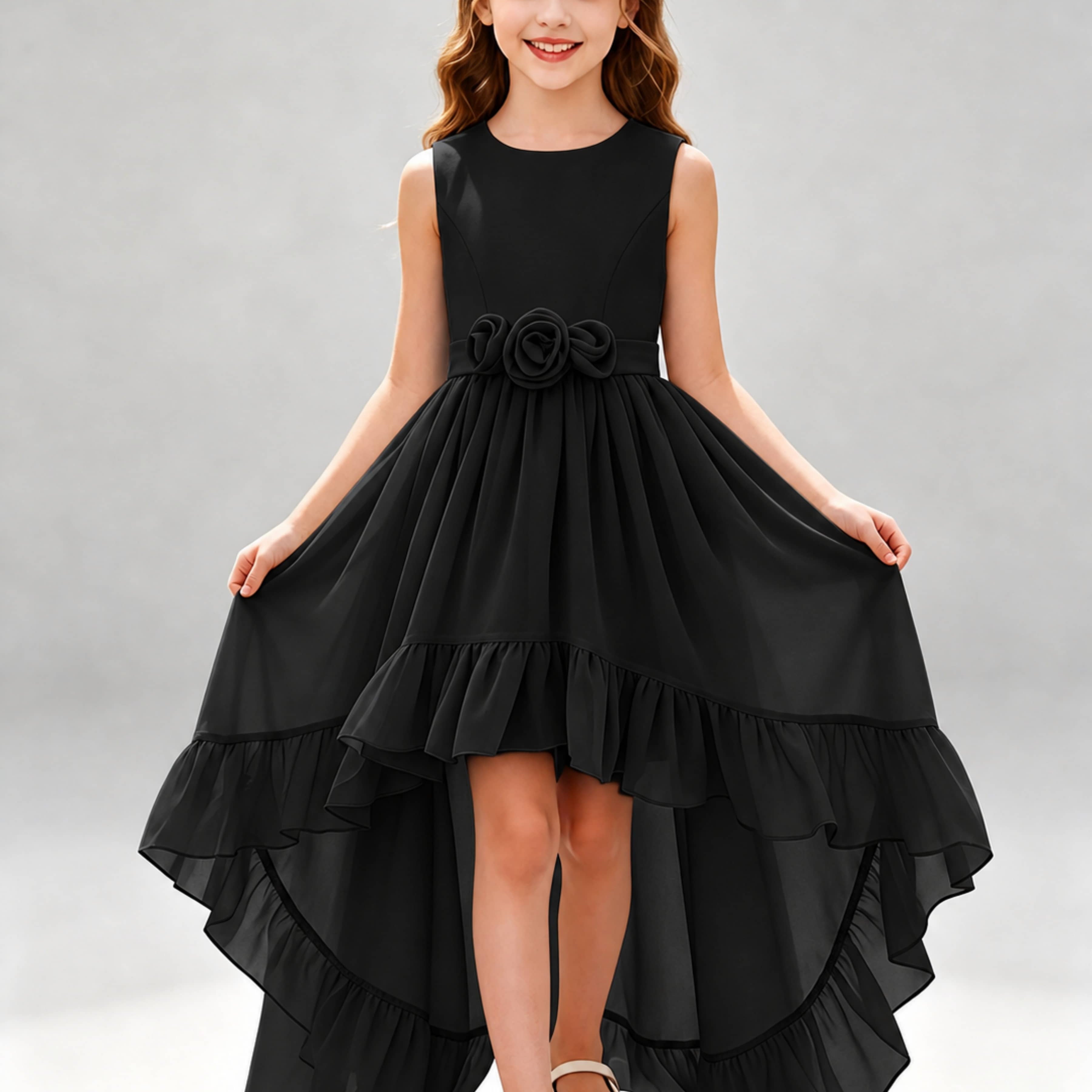 Chiffon 3D Flower High Low Junior Bridesmaid Dresses
