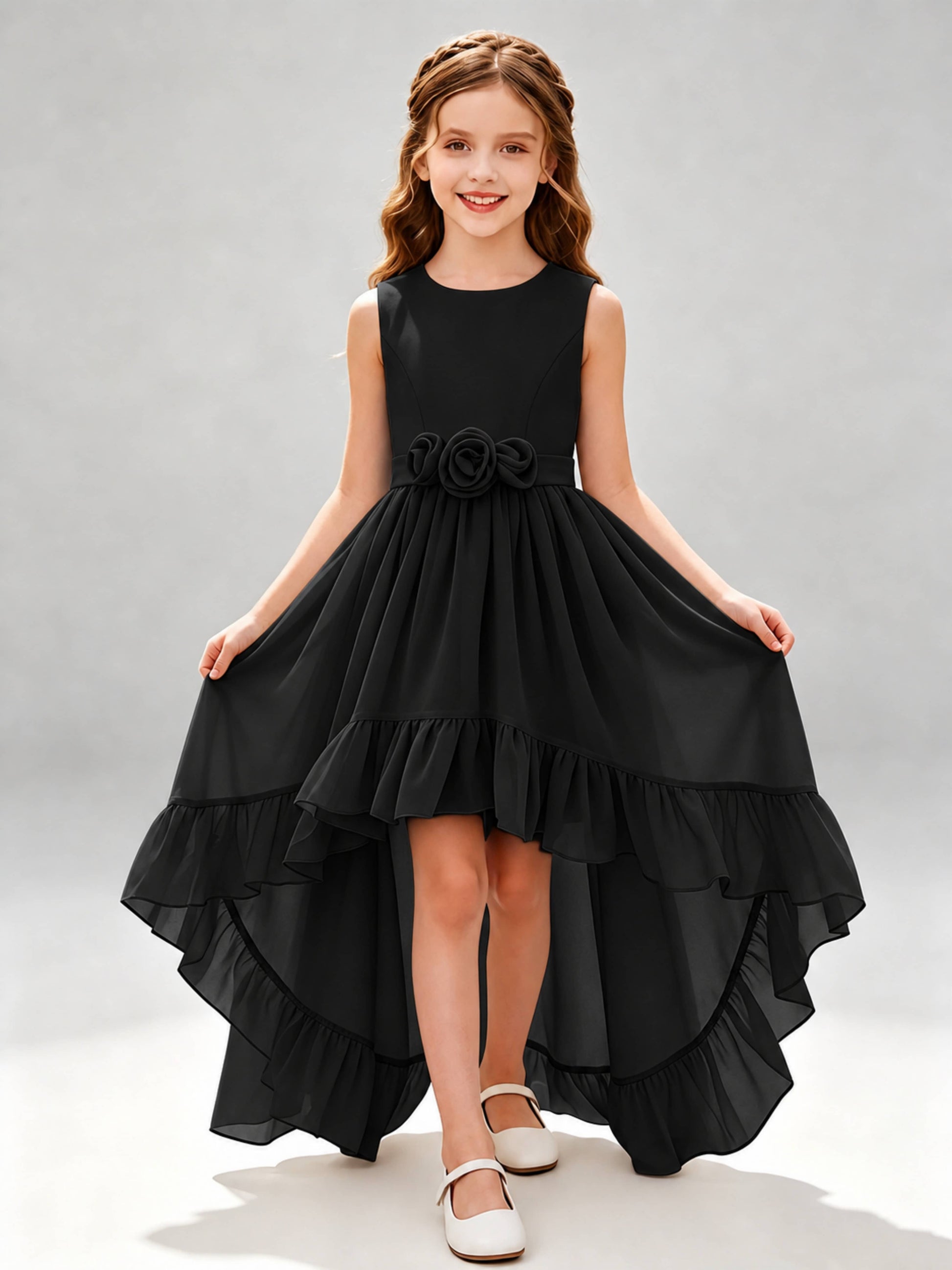 Chiffon 3D Flower High Low Junior Bridesmaid Dresses