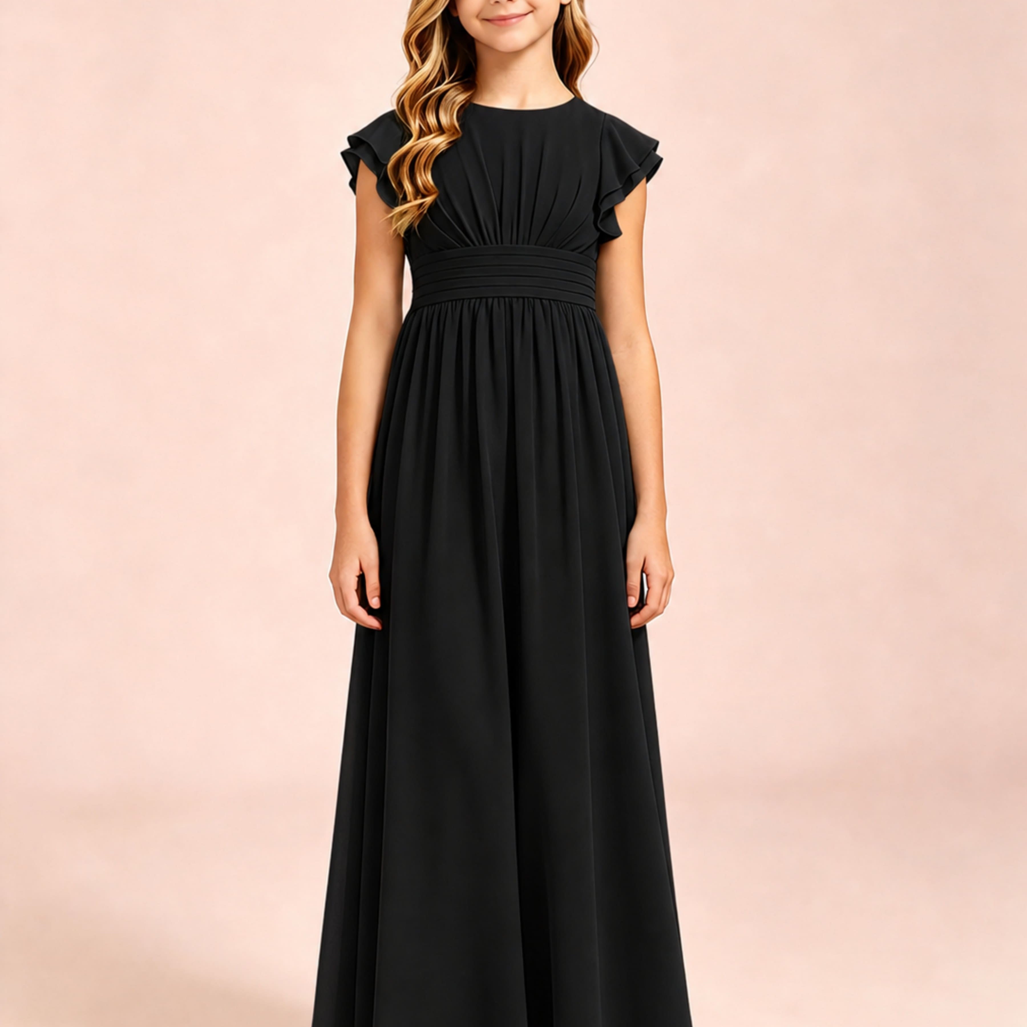 Chiffon Ruffle Cap Sleeve Junior Bridesmaid Dress for Wedding