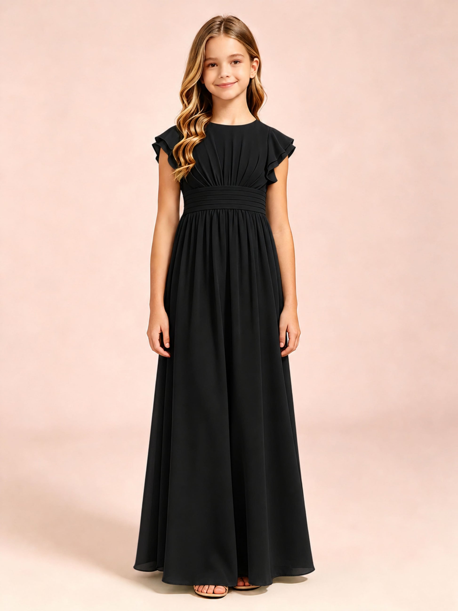Chiffon Ruffle Cap Sleeve Junior Bridesmaid Dress for Wedding