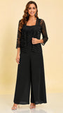 Chiffon Lace Flowy 3 Pieces Mother of The Bride Pant Suits Women Wedding