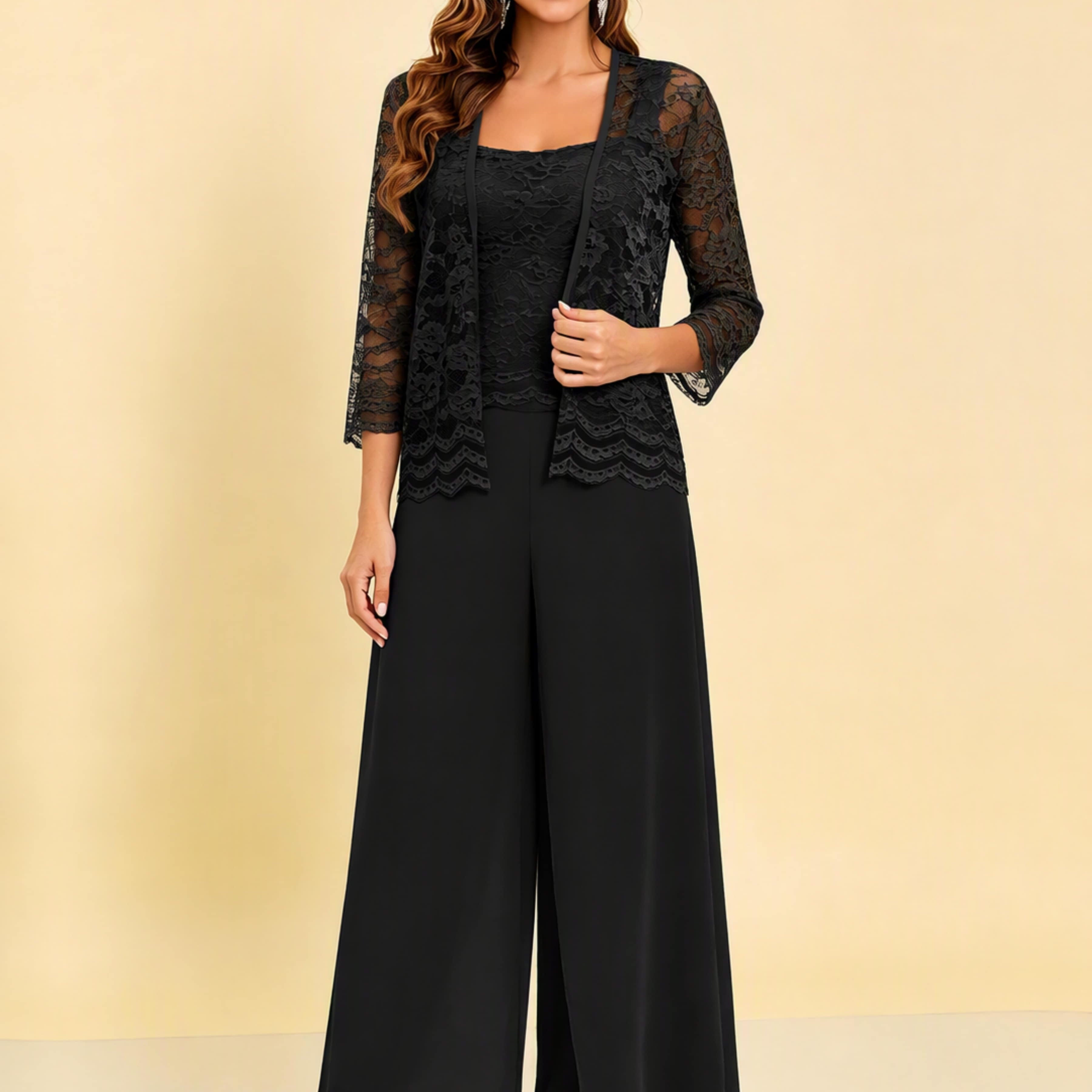 Chiffon Lace Flowy 3 Pieces Mother of The Bride Pant Suits Women Wedding